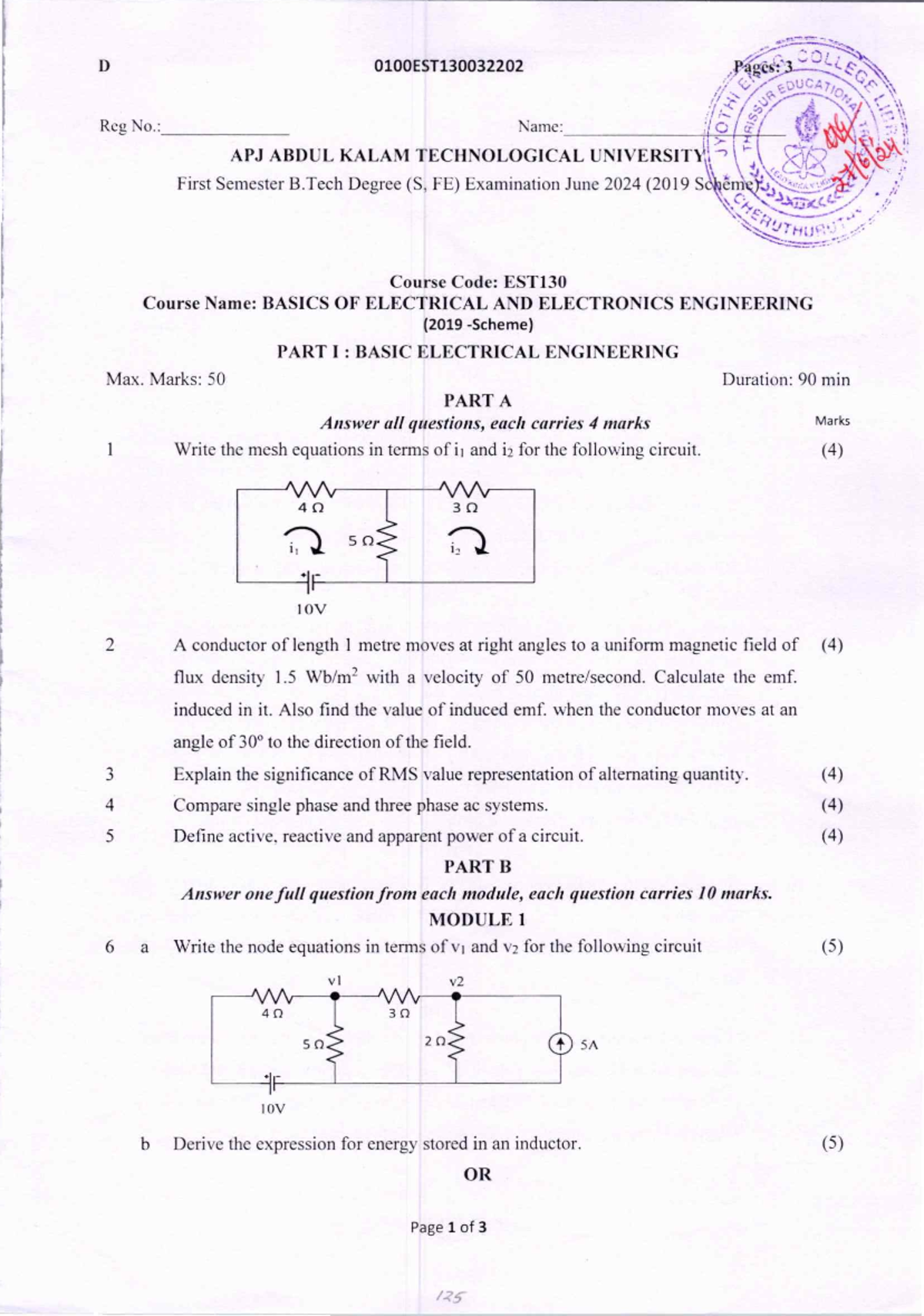EST130 Basics of Electrical and Electronics Engineering - June 2024 ...