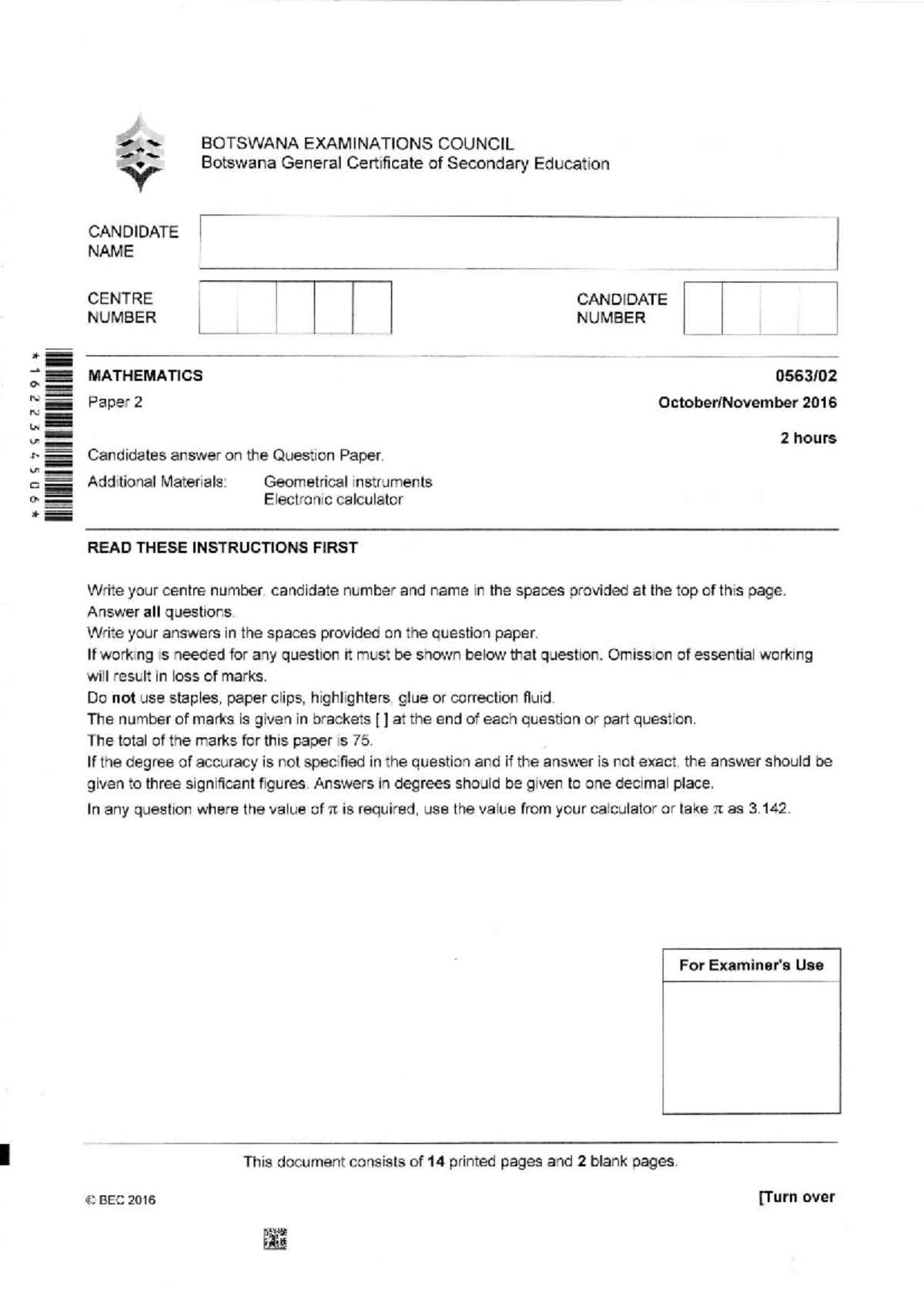 BEC 2016 Mathematics Paper 2 - October/November Exam - Studocu