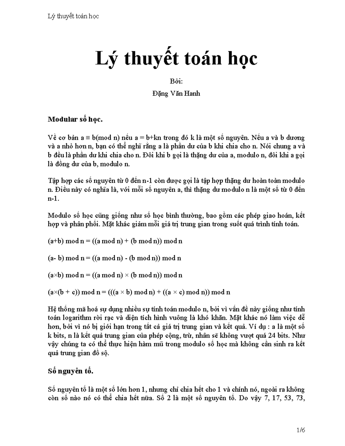 Lý thuyết toán học - Tài liệu tổng hợp về Modular số học - Studocu