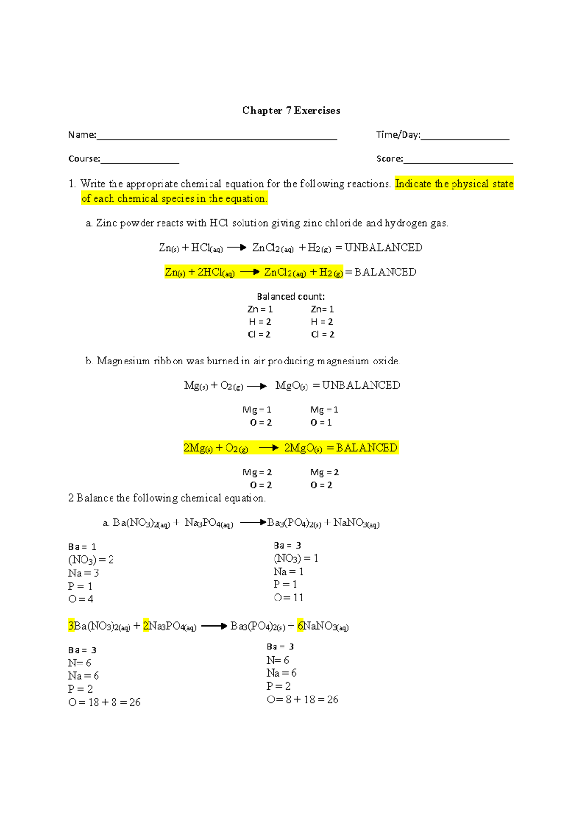 Chapter 7 Exercises 2: Chemical Reactions and Balancing - Studocu