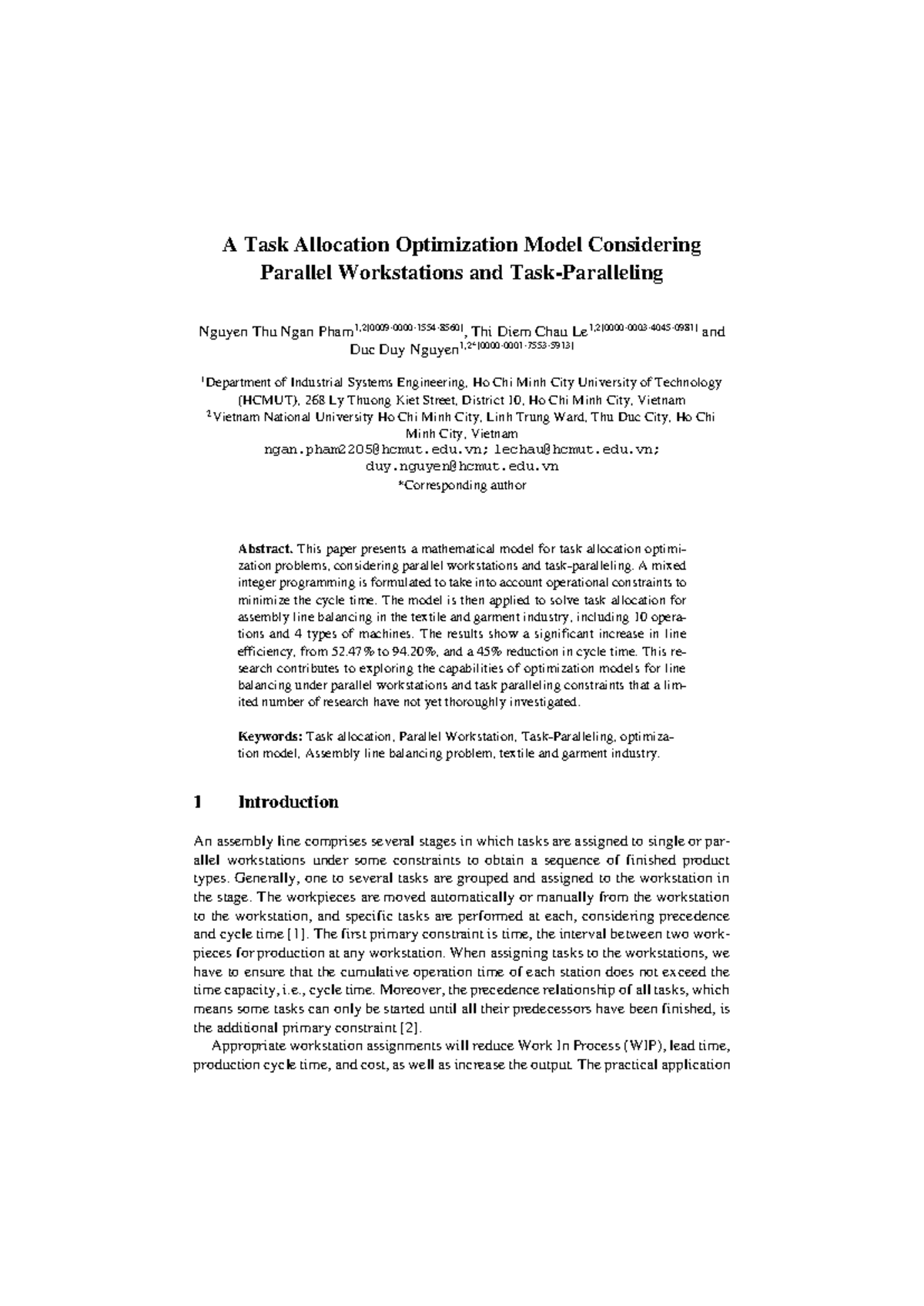 Optimization Model for Task Allocation in Parallel Sewing Lines - Studocu