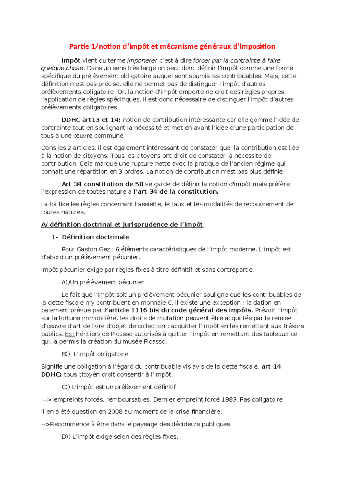 S3 Droit Fiscal : Partie 1 - Mécanismes et Définitions des Impôts - Studocu
