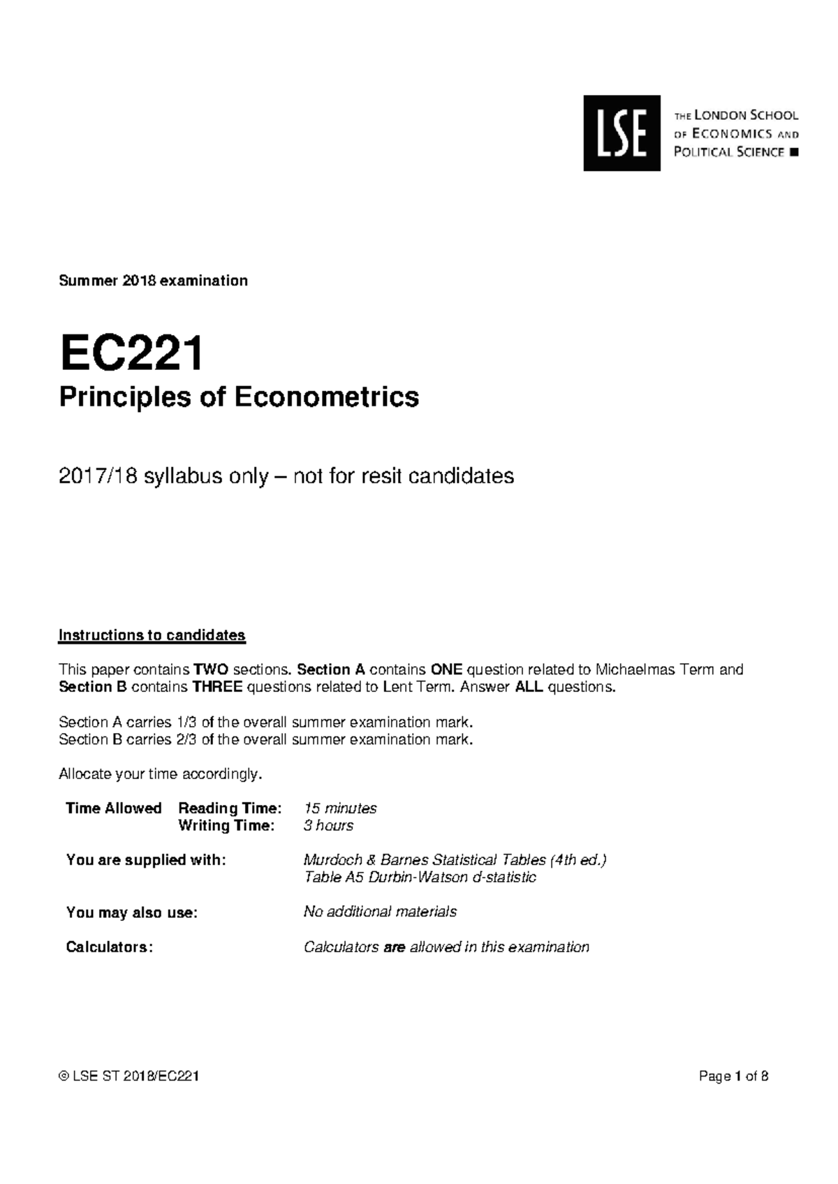 EC221 Summer 2018 Principles of Econometrics Past Exam Questions - Studocu