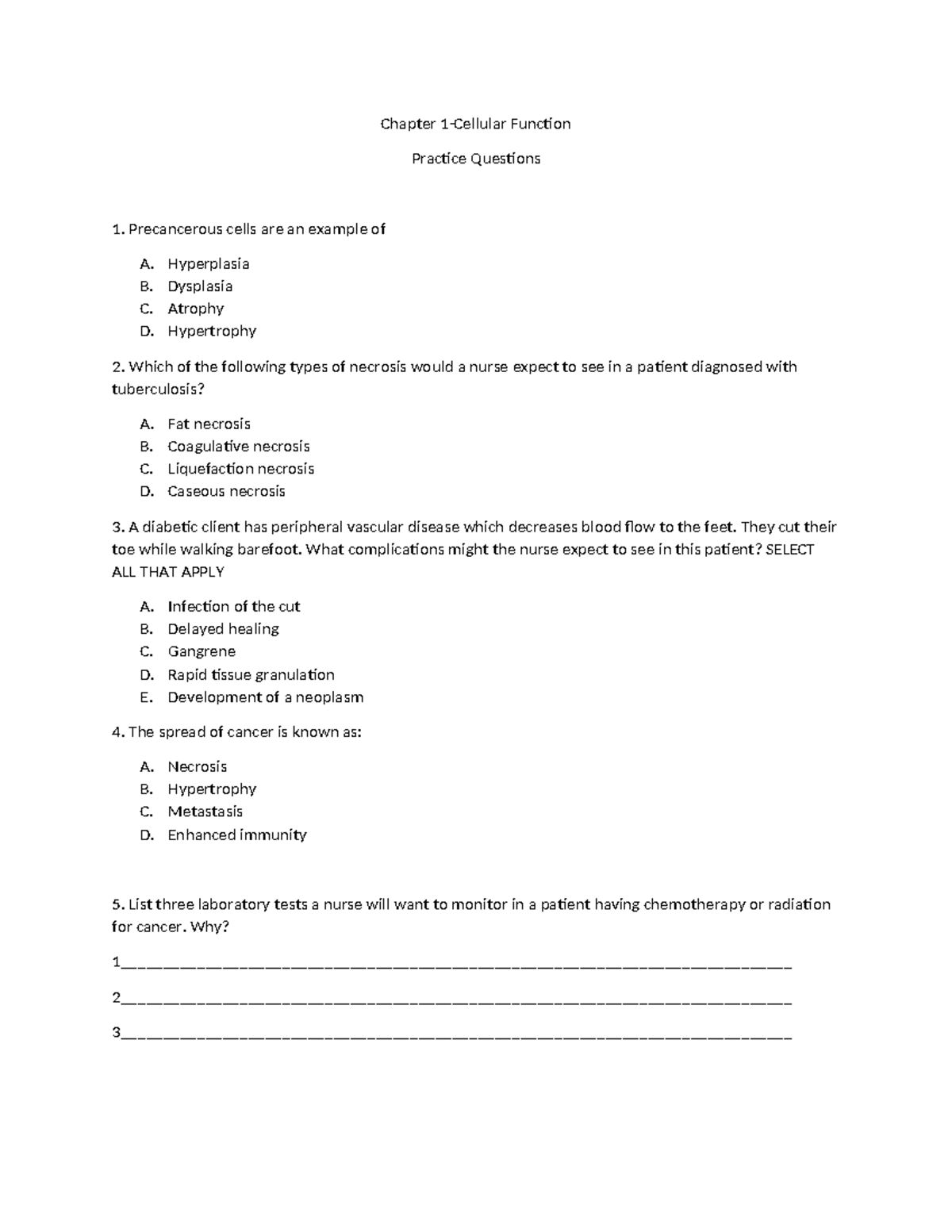 Patho Chapter 1 Cellular Functions Practice Questions - Studocu