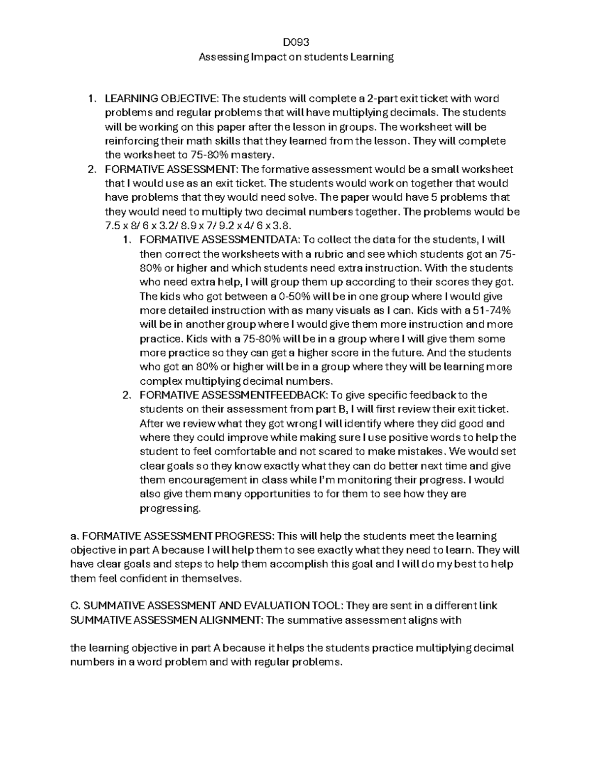 D093 Task 1: Assessing Impact on Students' Learning in Math - Studocu
