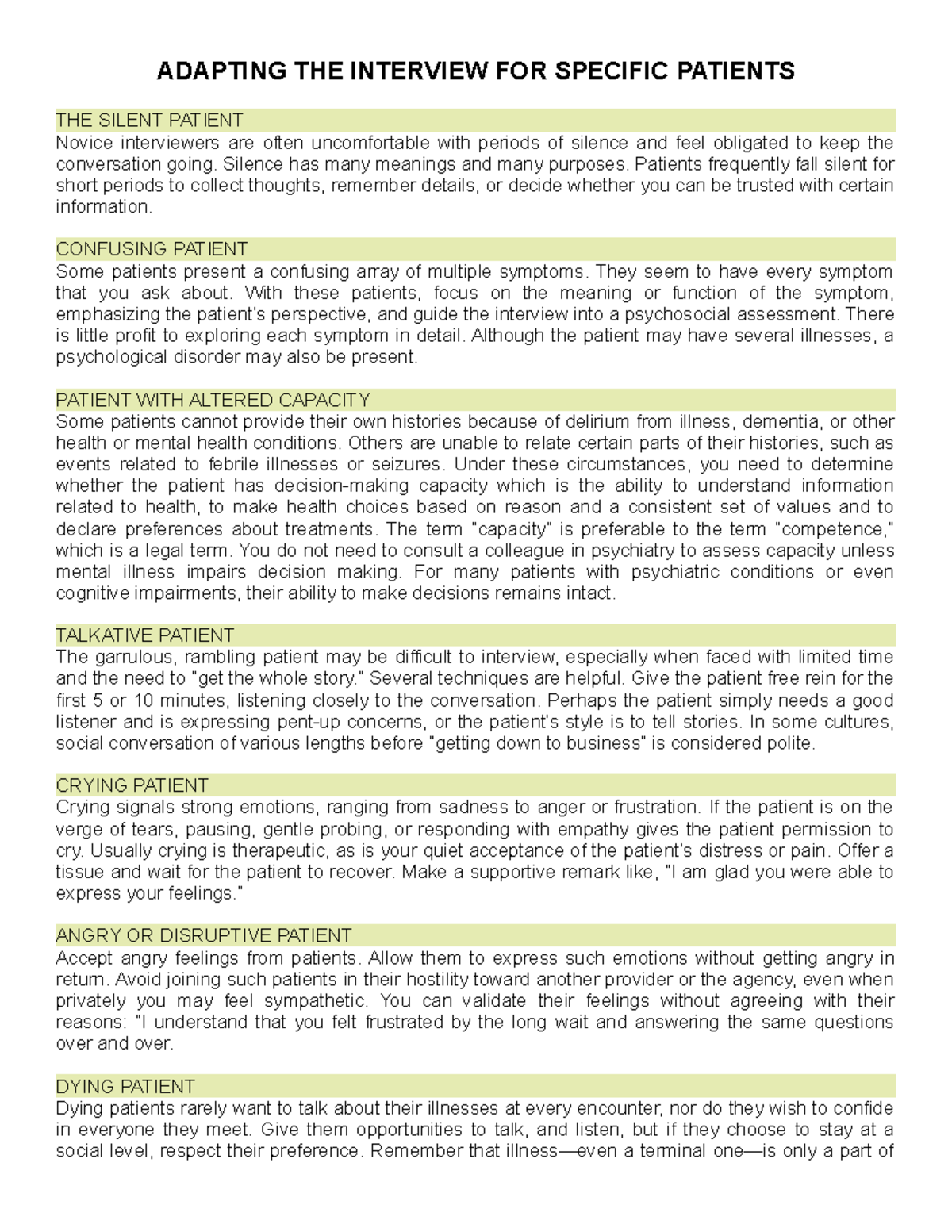 Adapting THE Interview FOR Specific Patients - ADAPTING THE INTERVIEW ...
