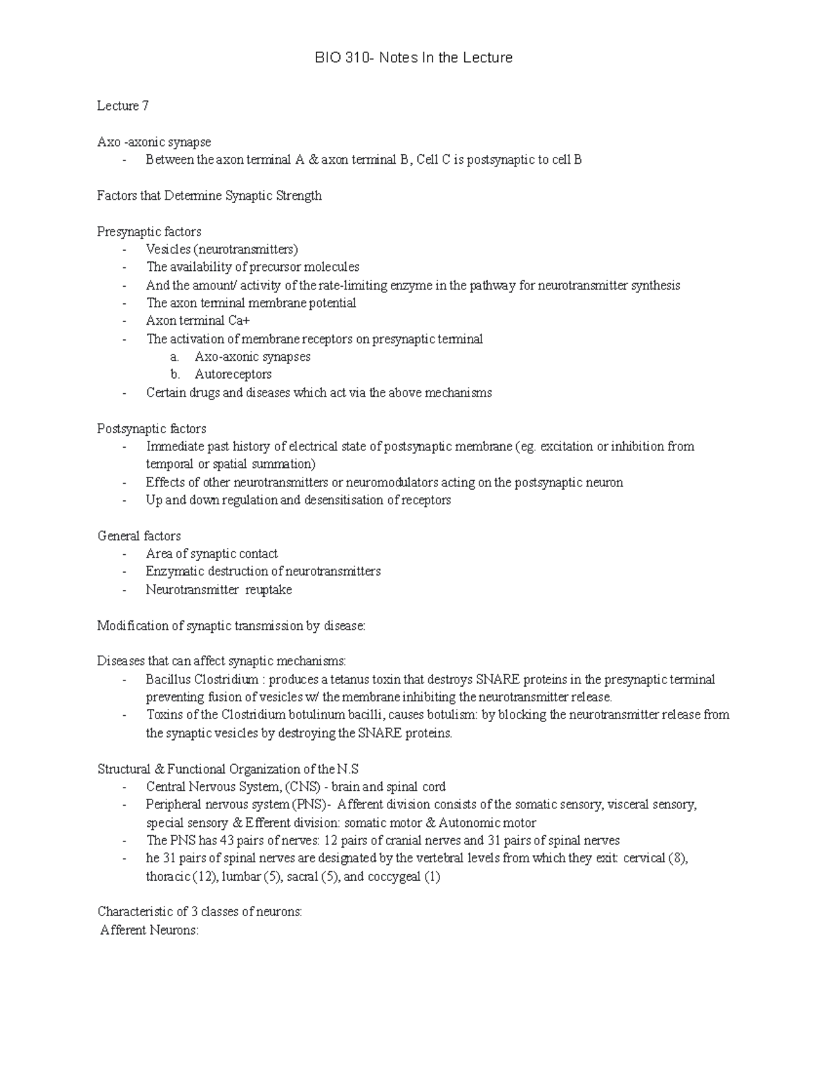 BIO 310 - Lecture 7 Notes on Synaptic Transmission and Nervous System ...