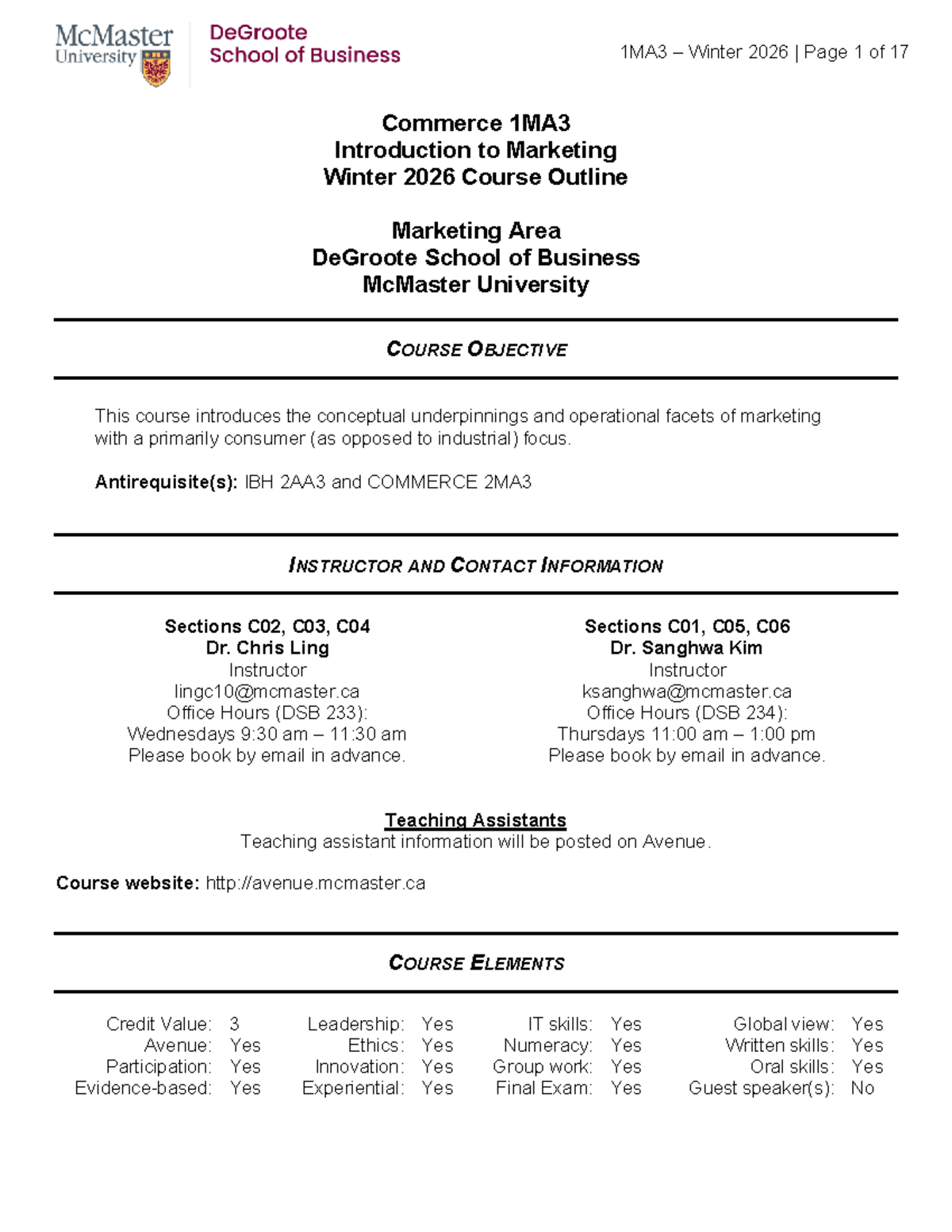 Commerce 1MA3 Winter 2026 - Introduction to Marketing Course Outline ...