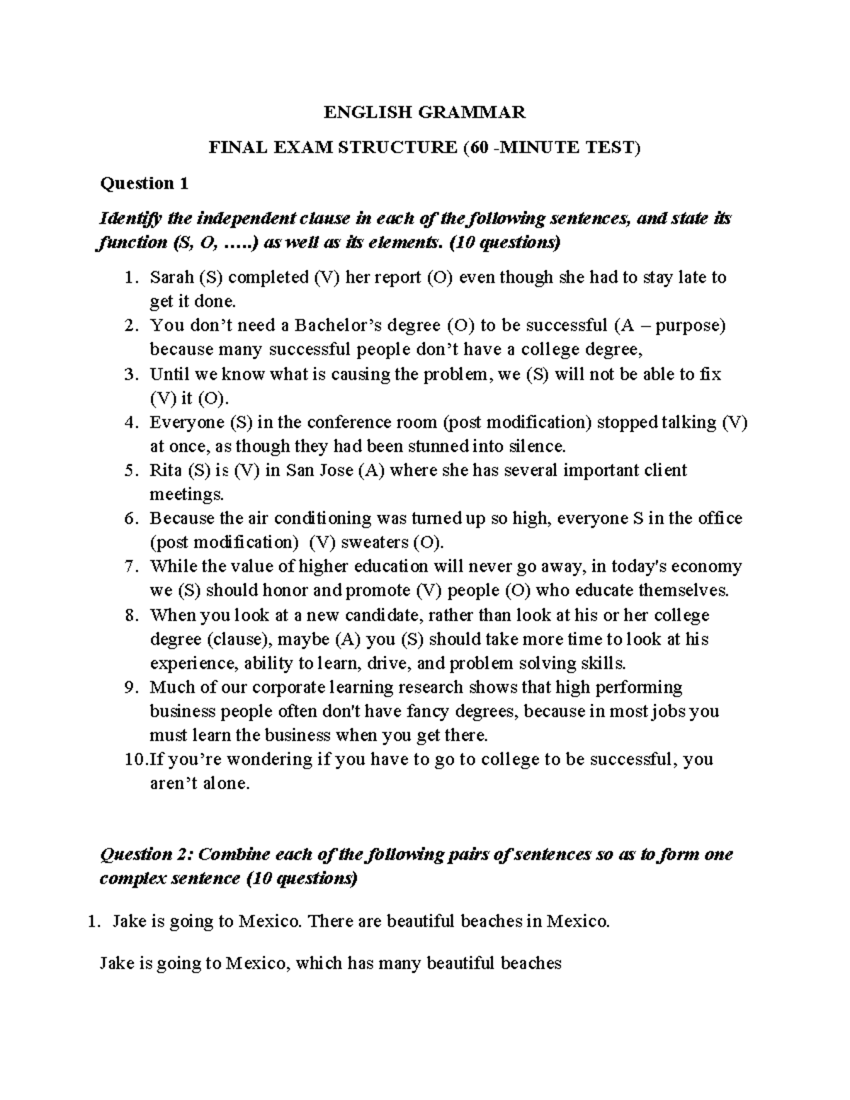 English Grammar Final Exam Structure: 60-Minute Test Guide - Studocu