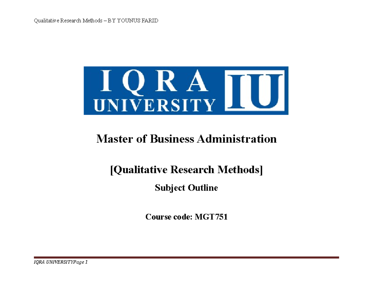 MGT - Qualitative Research Methods Course Outline - Fall 2020 - Studocu