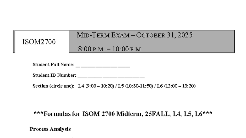 ISOM2700 Midterm Exam Formula Sheet - October 31, 2025 - Studocu