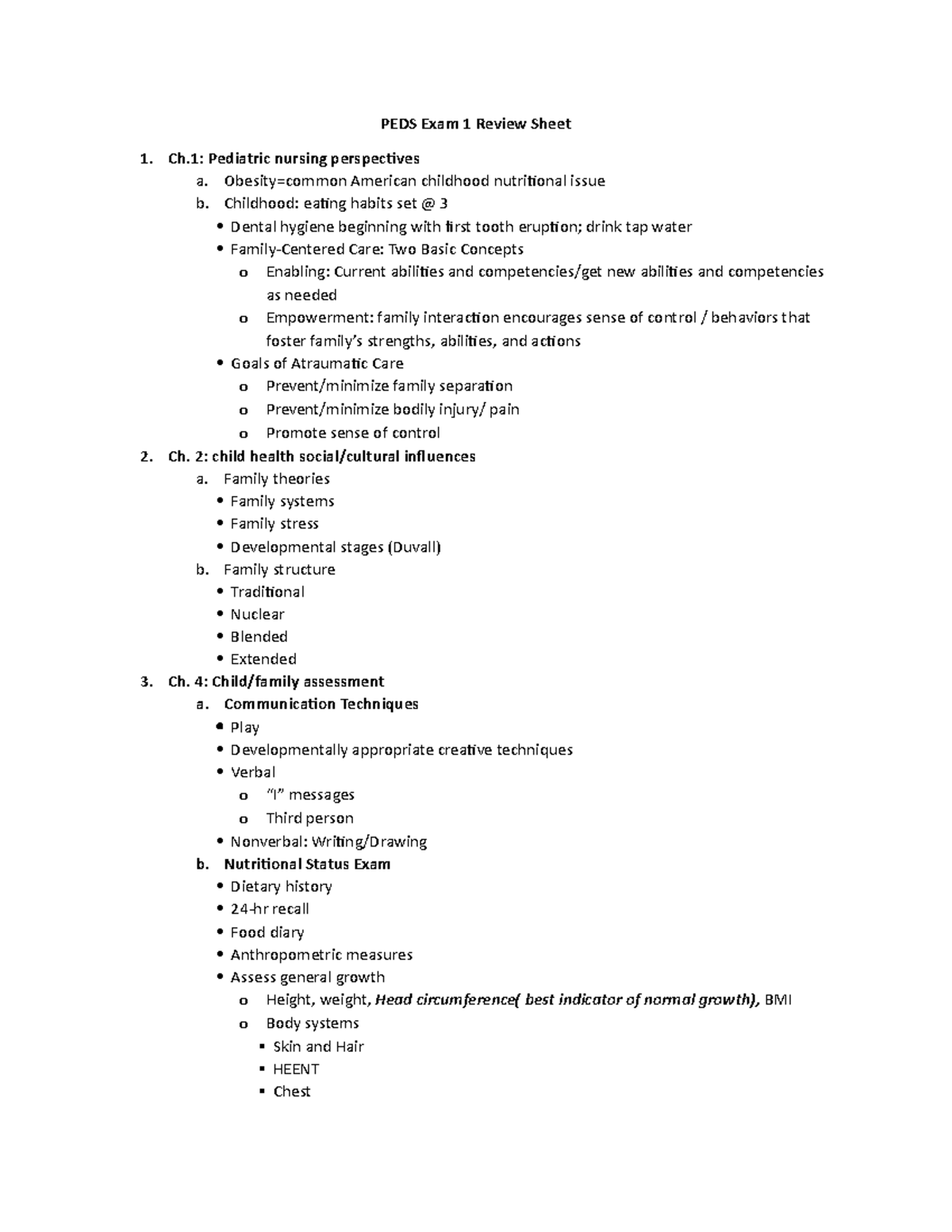 PEDS Exam 1 study guide - PEDS Exam 1 Review Sheet 1. Ch: Pediatric ...
