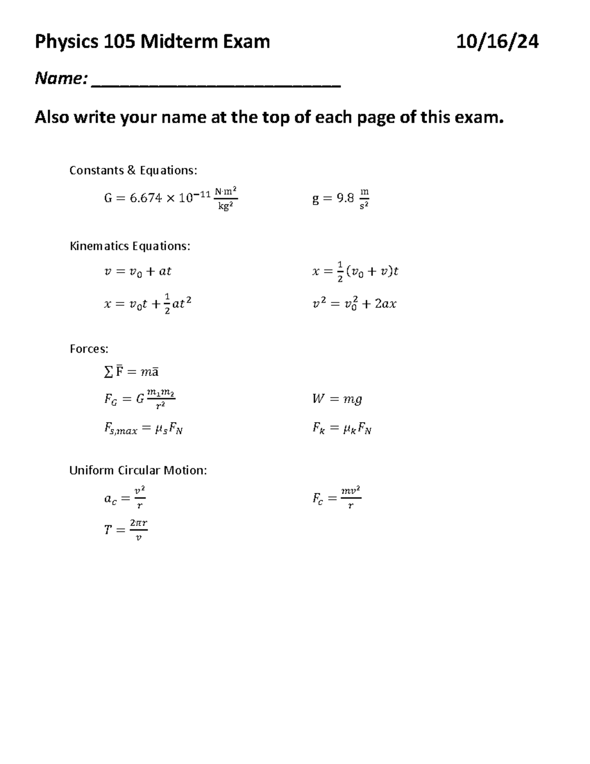 Physics 105 Midterm Exam Practice - 2024 - Studocu