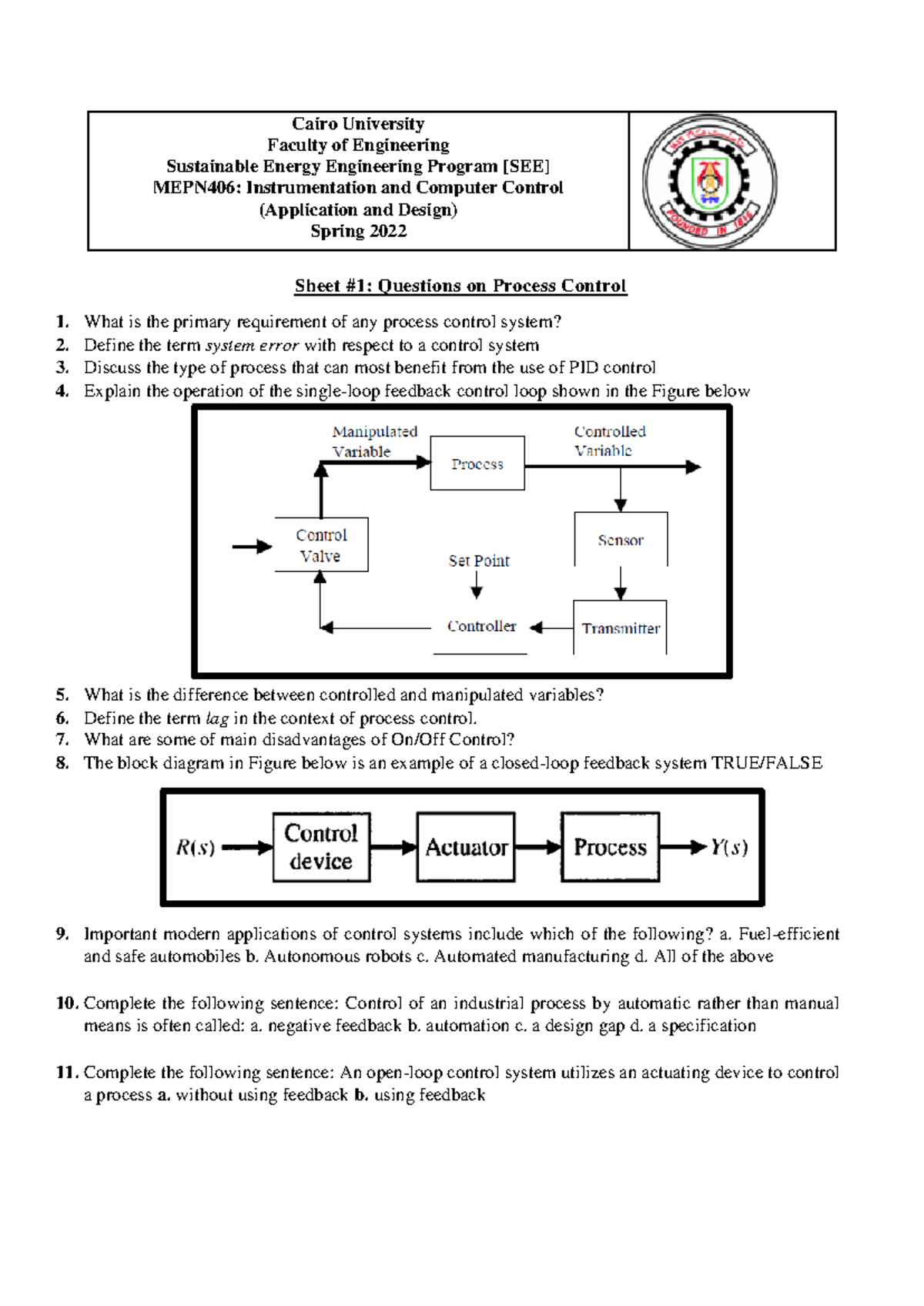 MEPN406: Process Control Questions - Spring 2022 Sheet #1 - Studocu