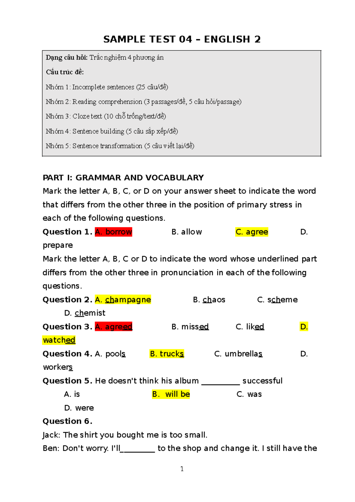 Sample Test 04: English 2 - Multiple Choice Questions and Comprehension ...