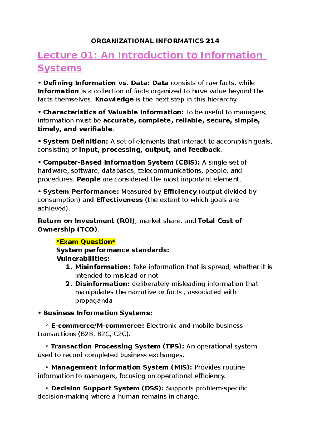 Organizational Informatics 214 Lecture 01: Intro to Info Systems - Studocu