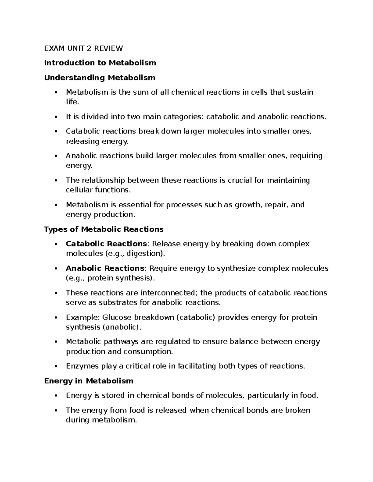 EXAM UNIT 2 Study Guide: Metabolism Concepts and Processes - Studocu