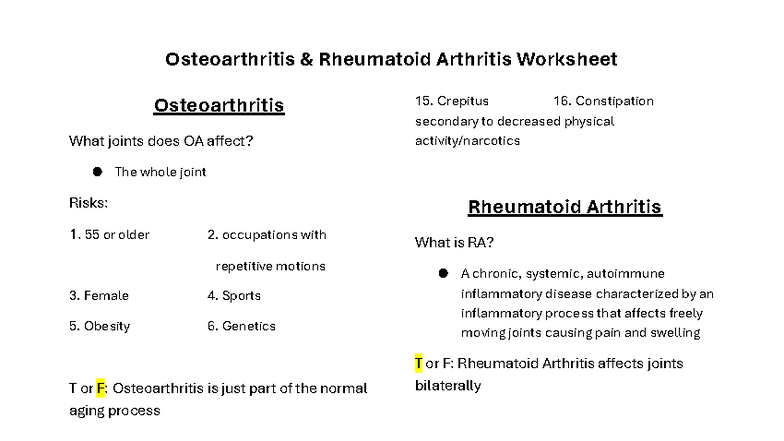 Osteoarthritis & Rheumatoid Arthritis Worksheet: Key Points & Risks ...