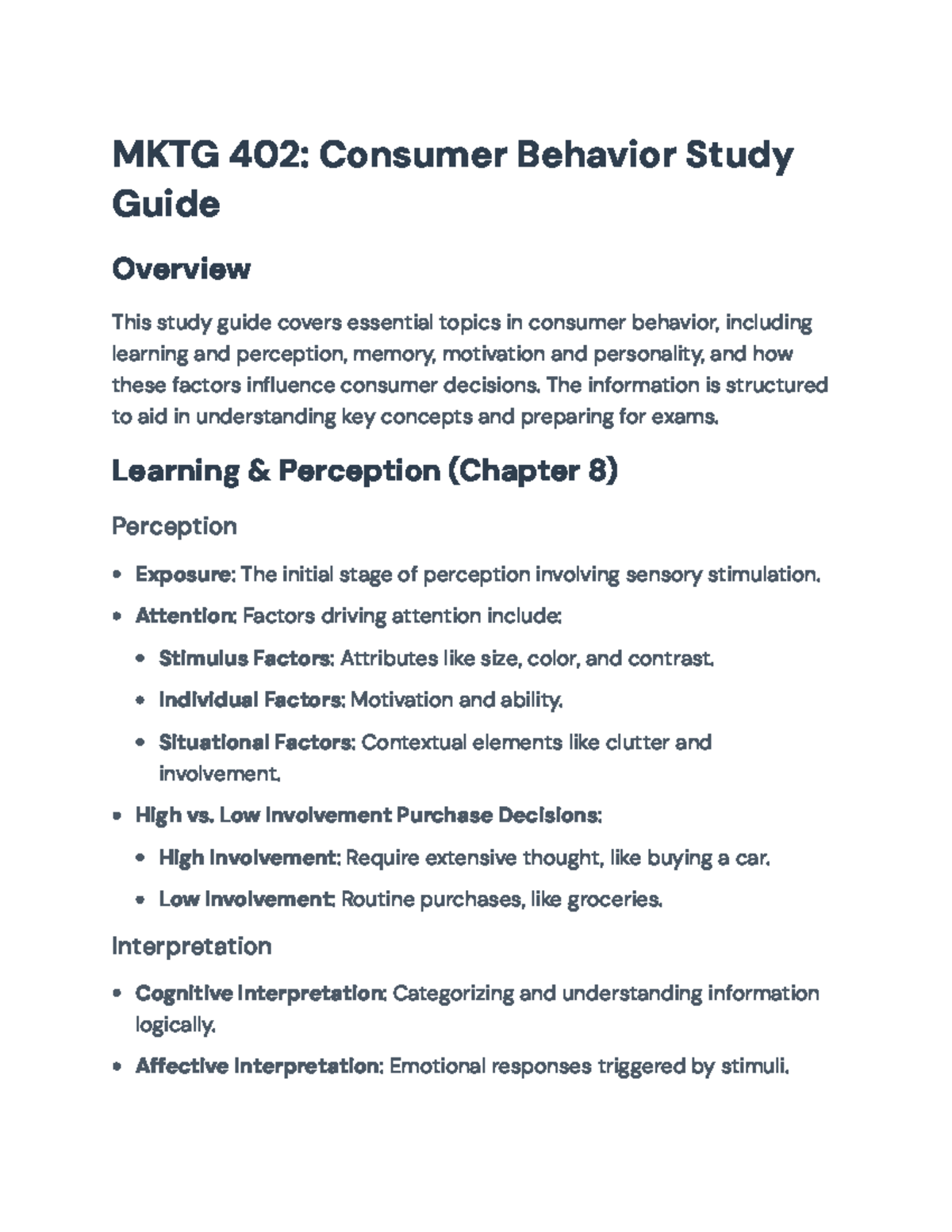 MKTG 402: Final Study Guide on Consumer Behavior Concepts and Theories ...