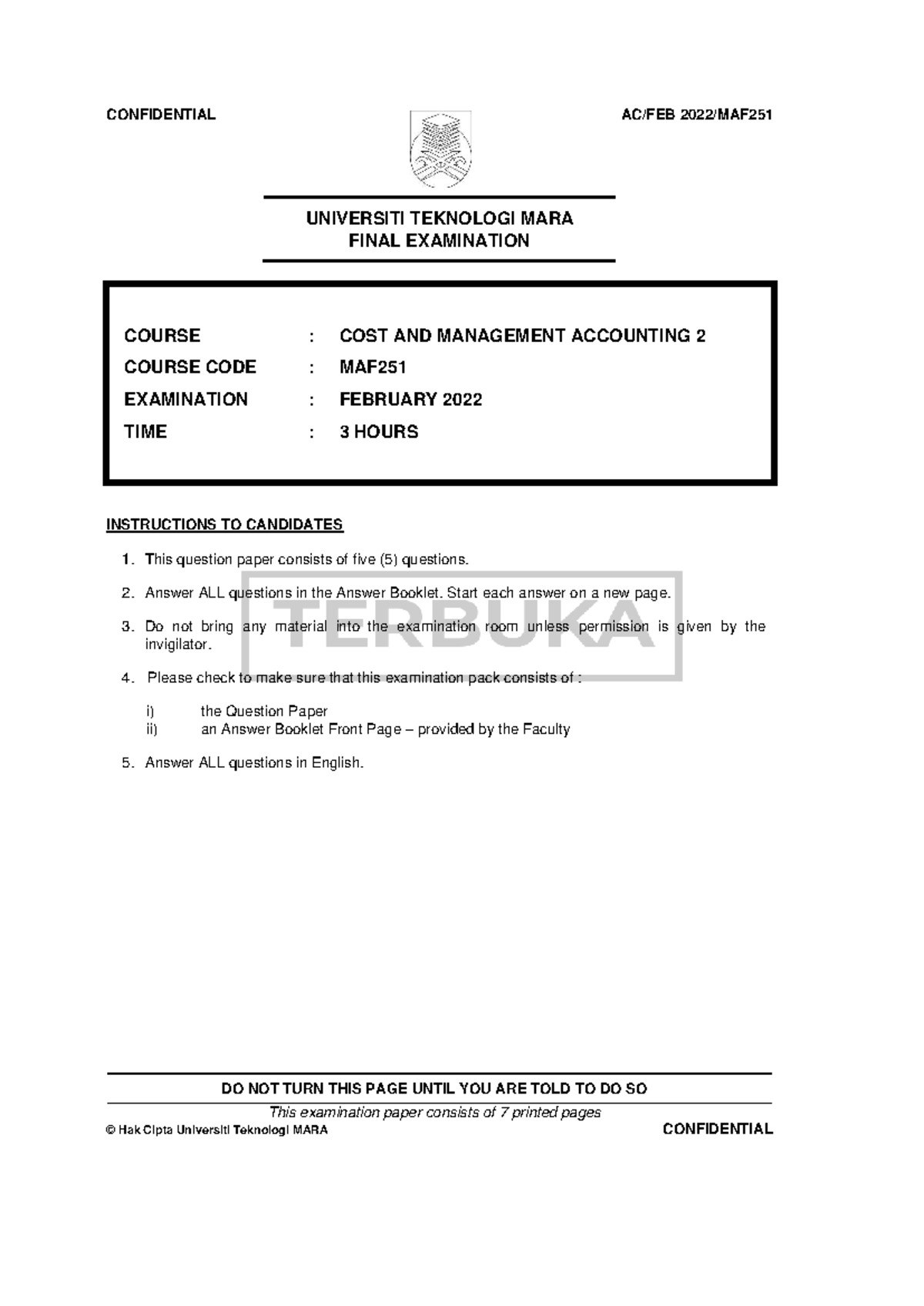 MAF251 Final Exam: Cost and Management Accounting February 2022 - Studocu