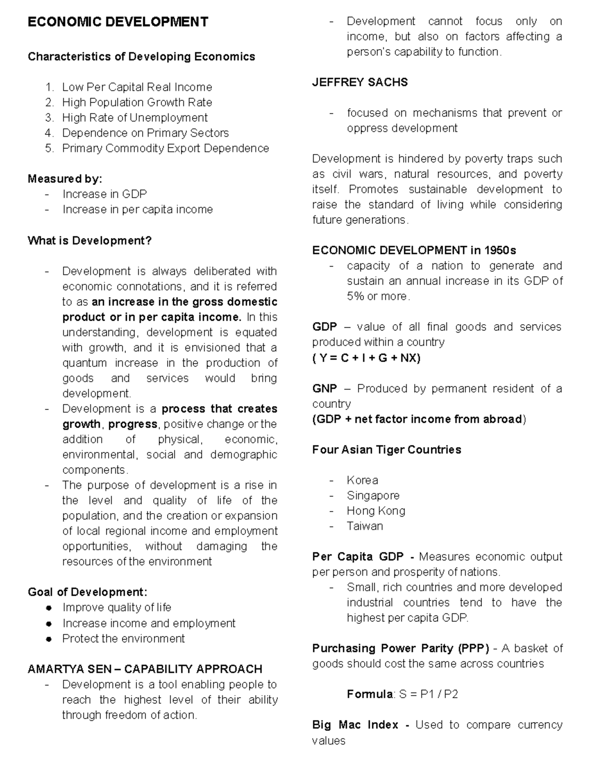 ECON 101: Economic Development Characteristics and Theories Review ...