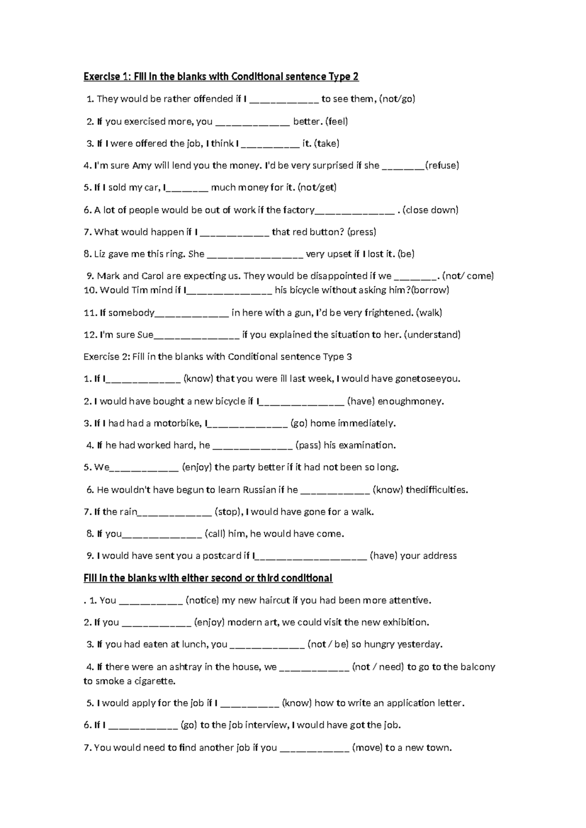 Conditional Sentences Practice: Exercise I, II, III (ENG 101) - Studocu