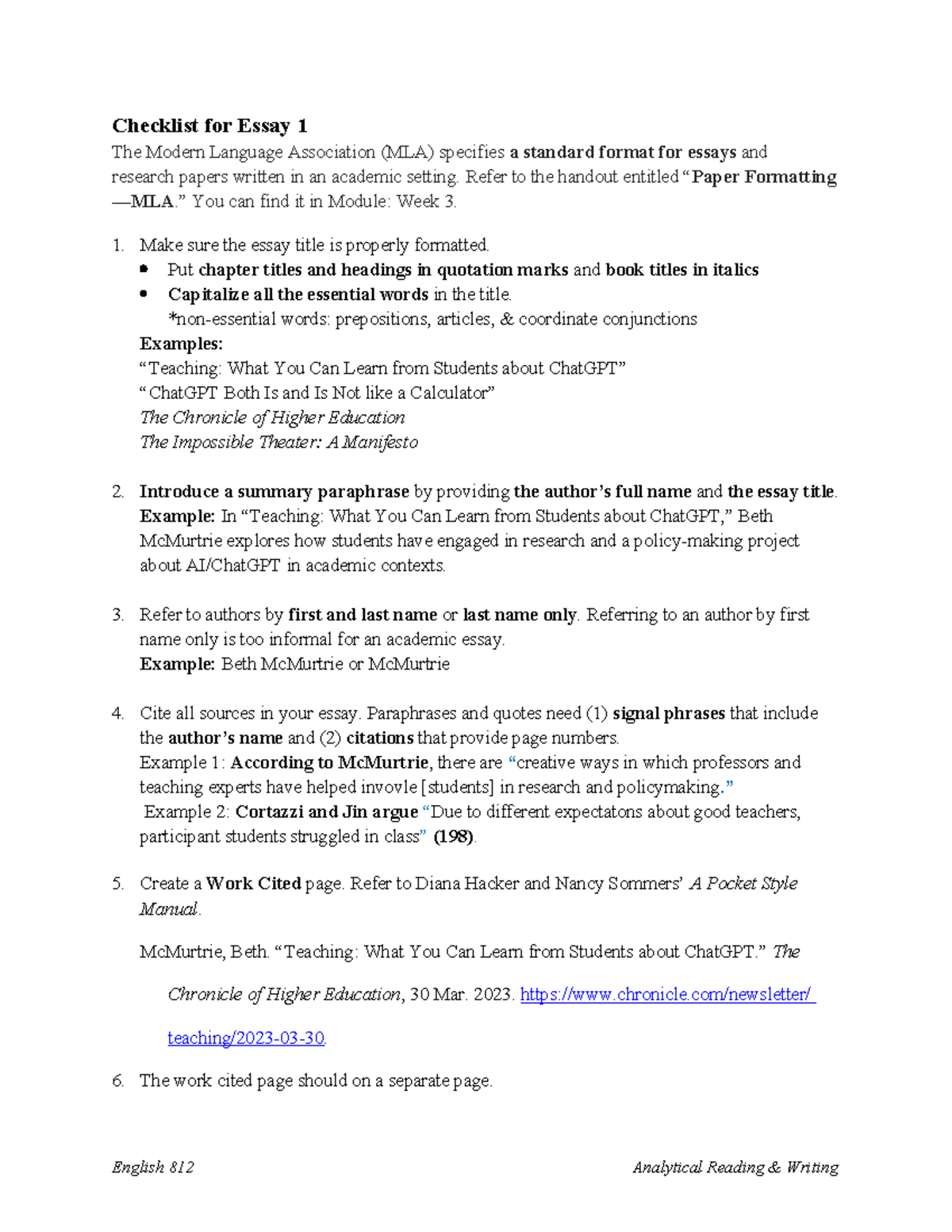 English 812 Essay 1 Formatting Checklist and Guidelines - Studocu