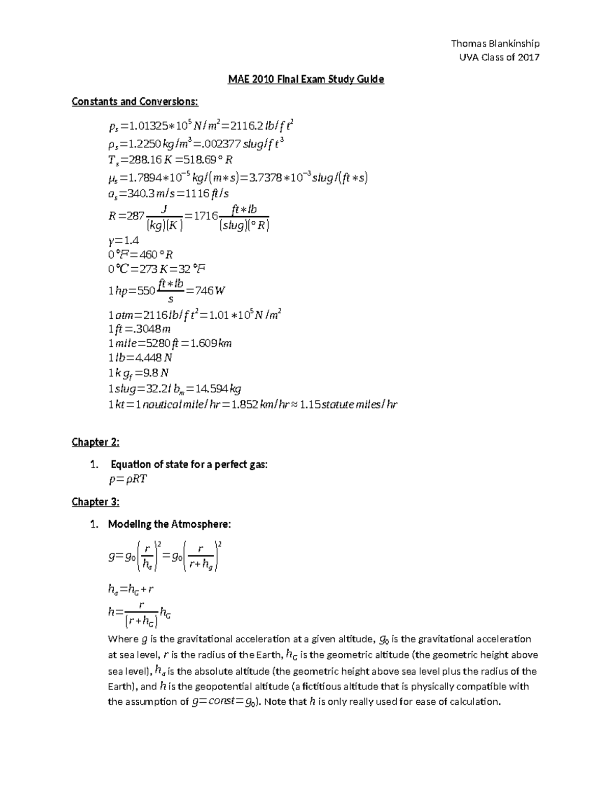 MAE 2010 Final Exam Study Guide: Constants, Conversions, and Key ...