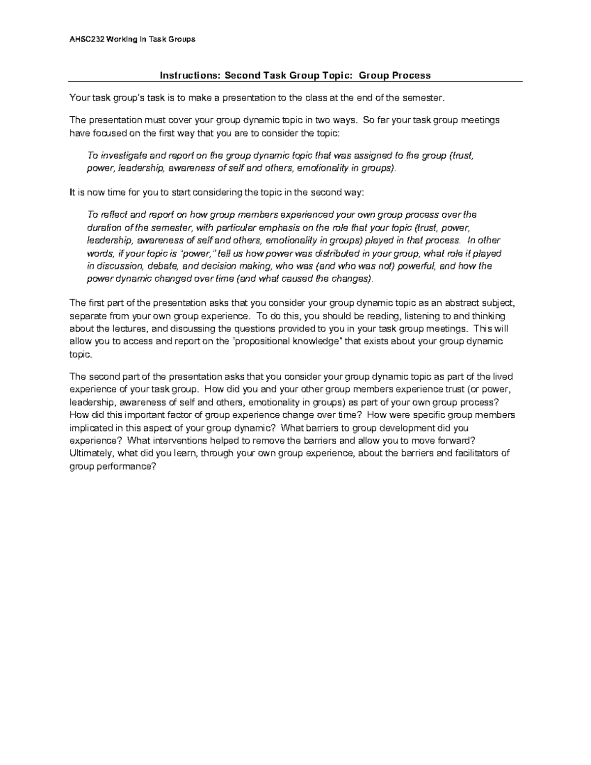 AHSC232 - Instructions Task Group TASK PART 2 - Instructions: Second ...