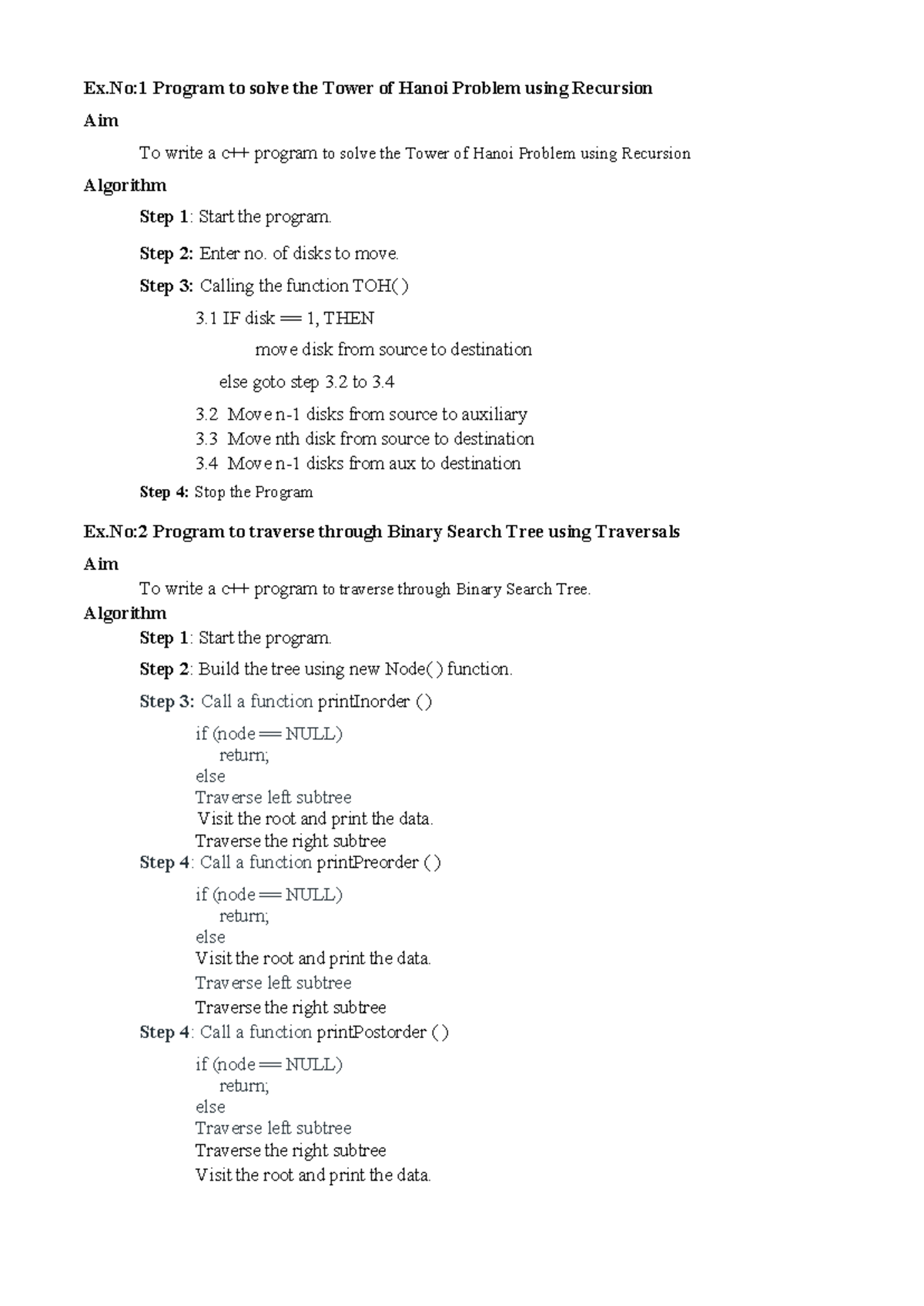 ADA Algorithms - Ex.No:1 to Ex.No:15 Program Descriptions - Studocu