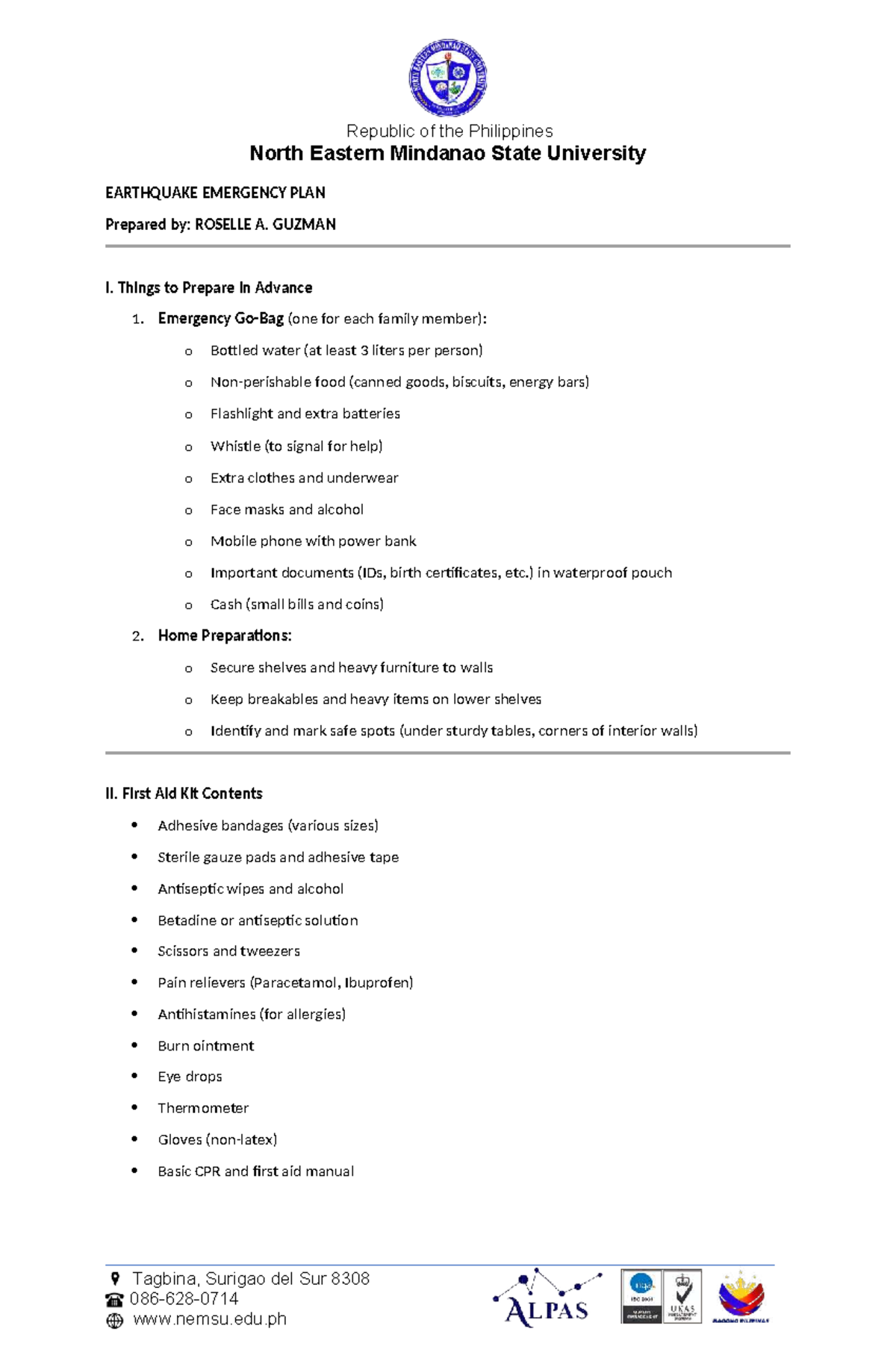 Sci106 earthquake emergency plan assignment by Roselle A. Guzman - Studocu