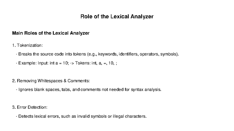 CS101: Role of the Lexical Analyzer and Its Main Functions - Studocu