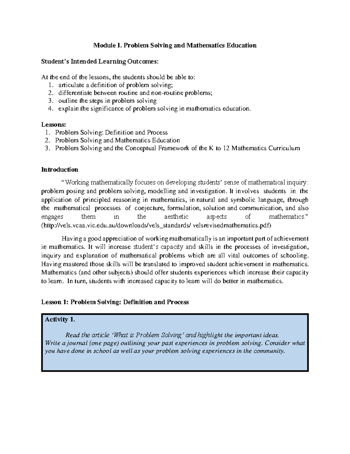 Module I: Problem Solving in Mathematics Education - Studocu