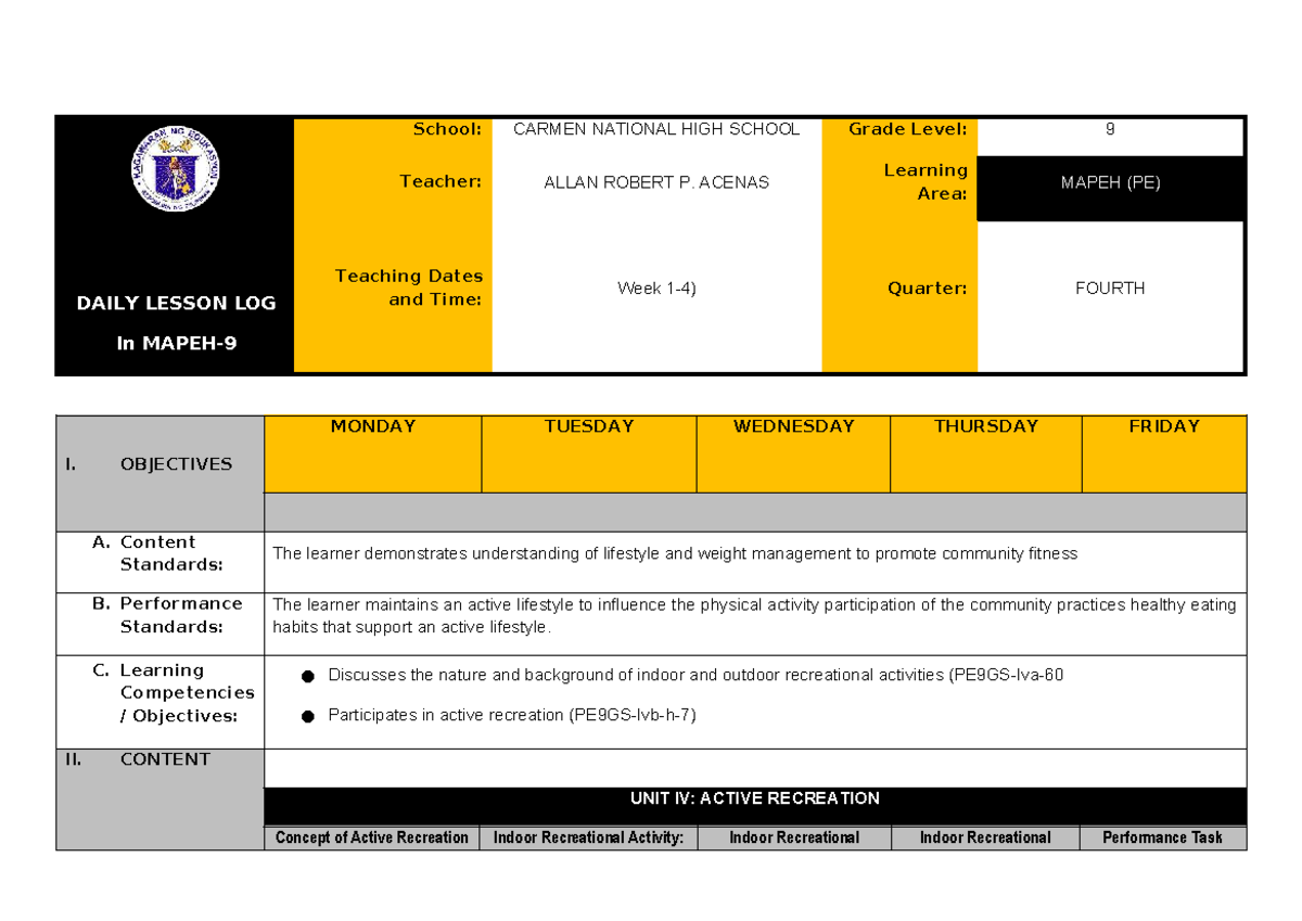 Q4 DLL-PE9-Week 1-4: Active Recreation & Fitness Activities - Studocu