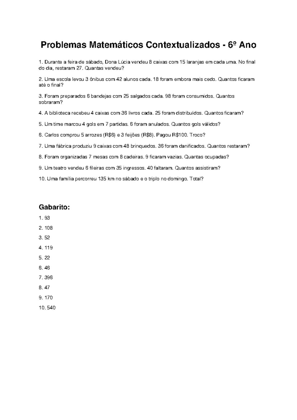 Problemas Matemáticos Contextualizados 6º Ano - Exercícios e Gabarito ...