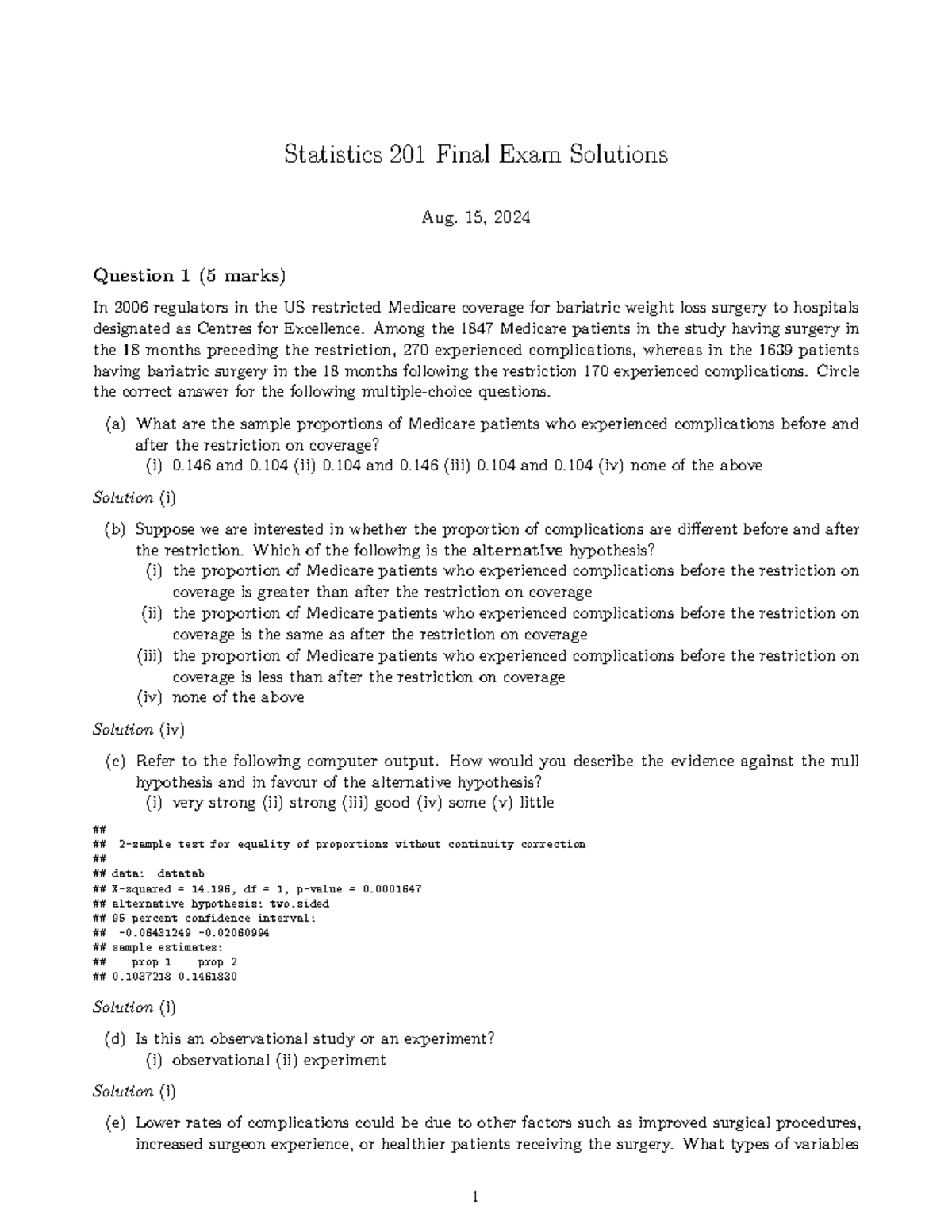 Statistics 201 Final Exam Solutions - Aug 15, 2024 - Studocu