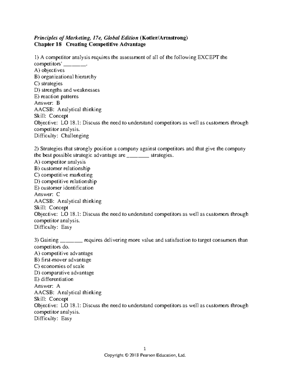 Chapter 18 - Exam Practice Questions on Competitive Advantage - Studocu