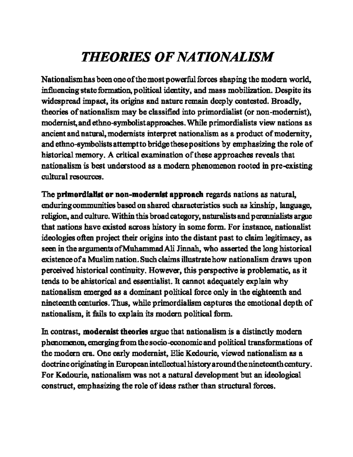 Theories of Nationalism: A Comprehensive Analysis of Perspectives - Studocu