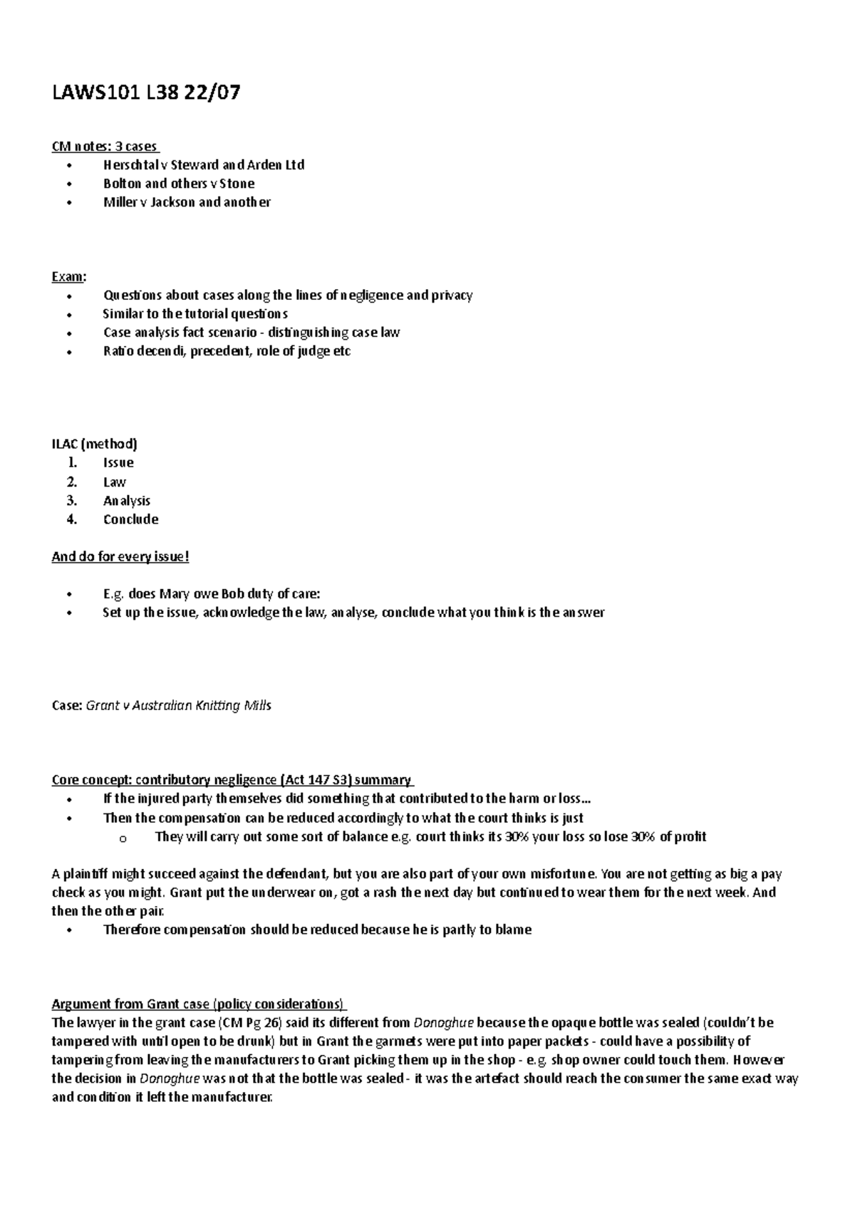 LAWS101 Final Exam Lecture Notes: Negligence and Case Analysis - Studocu