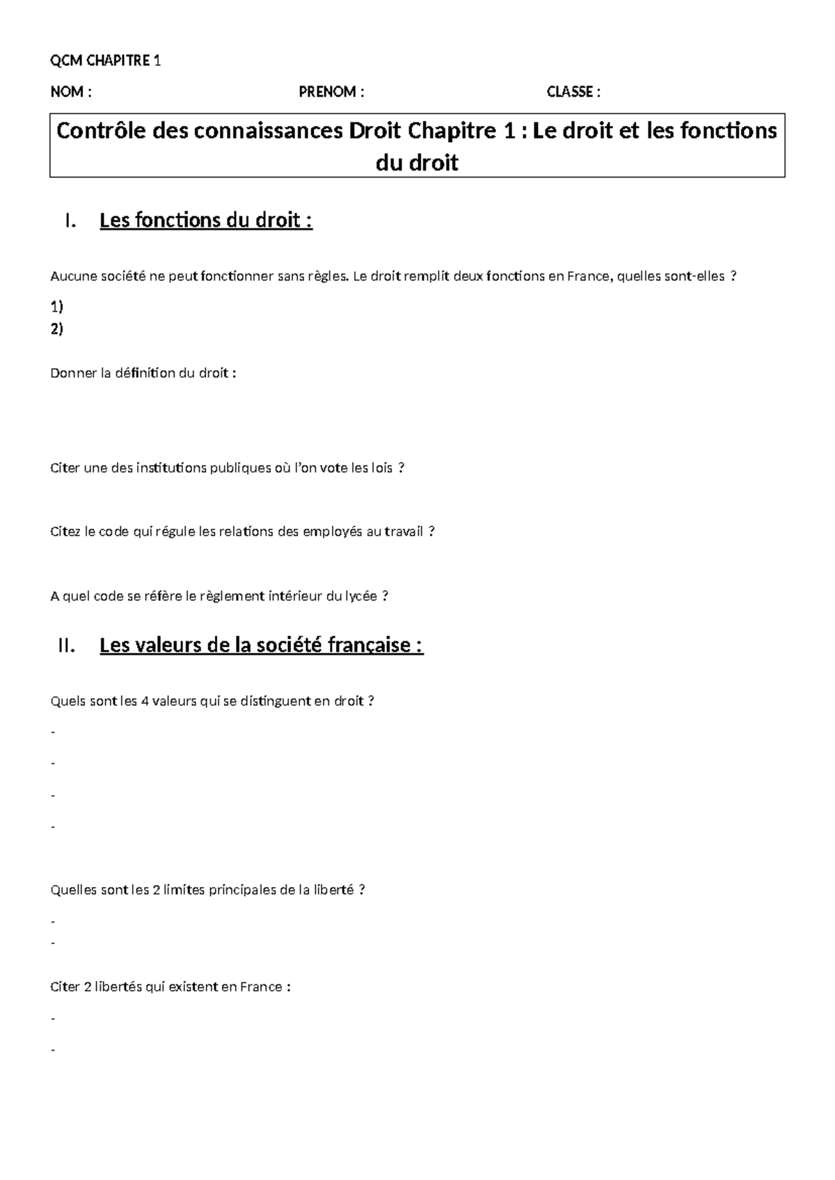 QCM Droit - Chapitre 1 : Le droit et ses fonctions (Contrôle) - Studocu