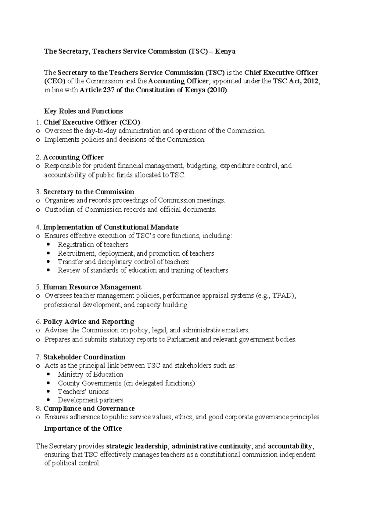 Notes on the Teachers Service Commission (TSC) Kenya Functions and ...