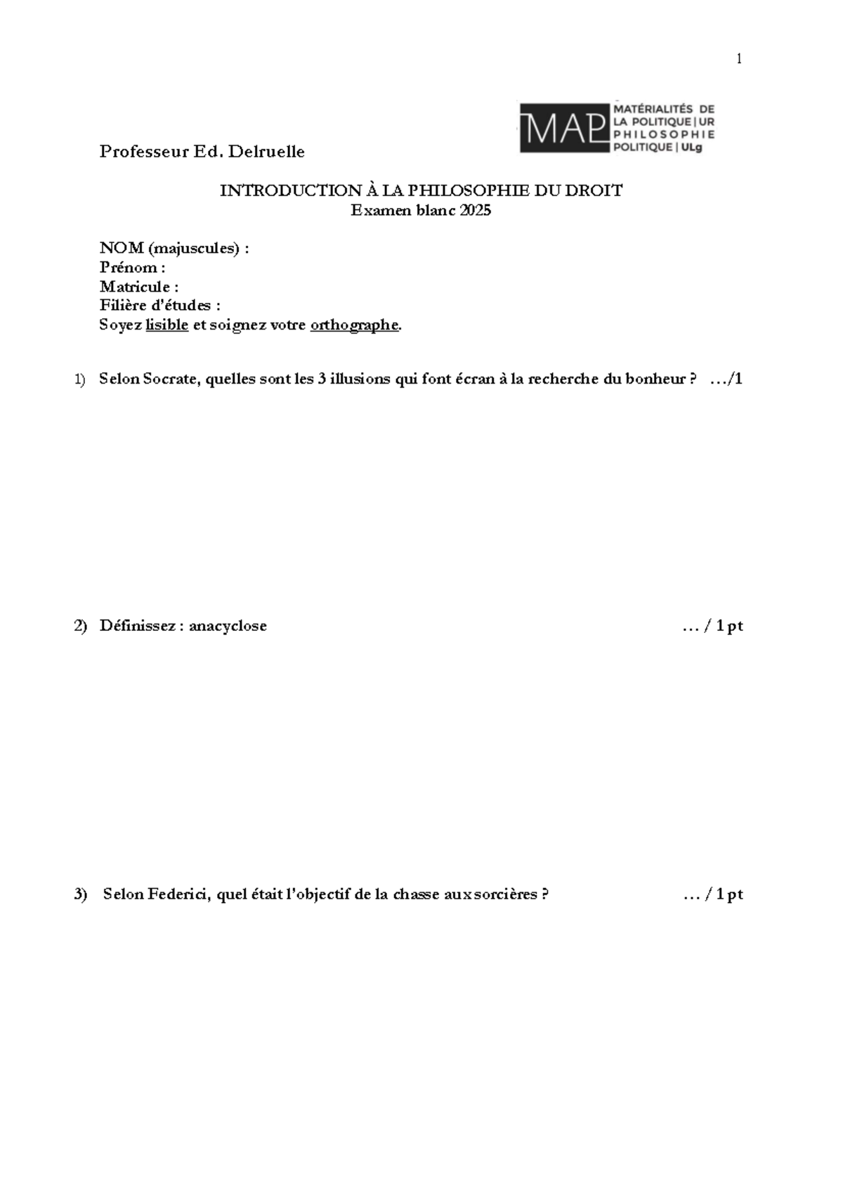 Examen blanc Droit 2025 : Introduction à la Philosophie du Droit - Studocu