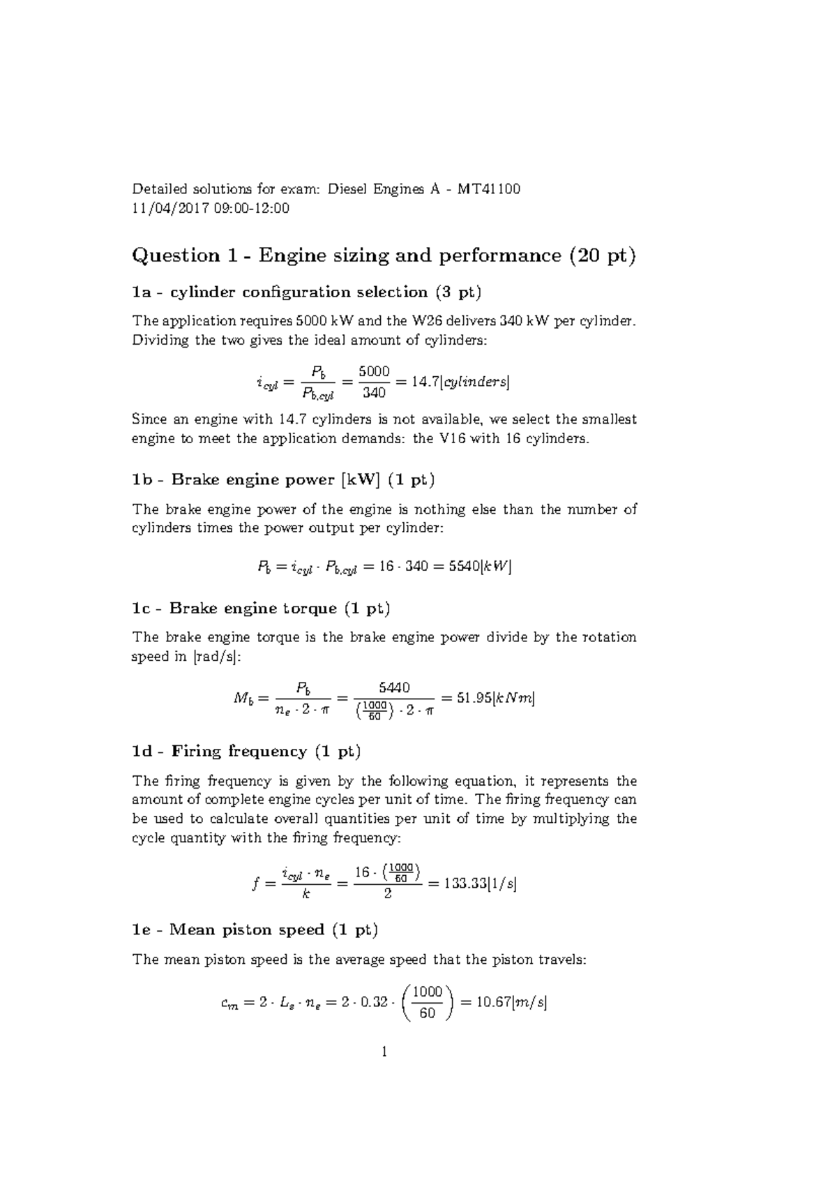 Detailed Solutions for Diesel Engines A MT41100 Exam - Engine Sizing ...