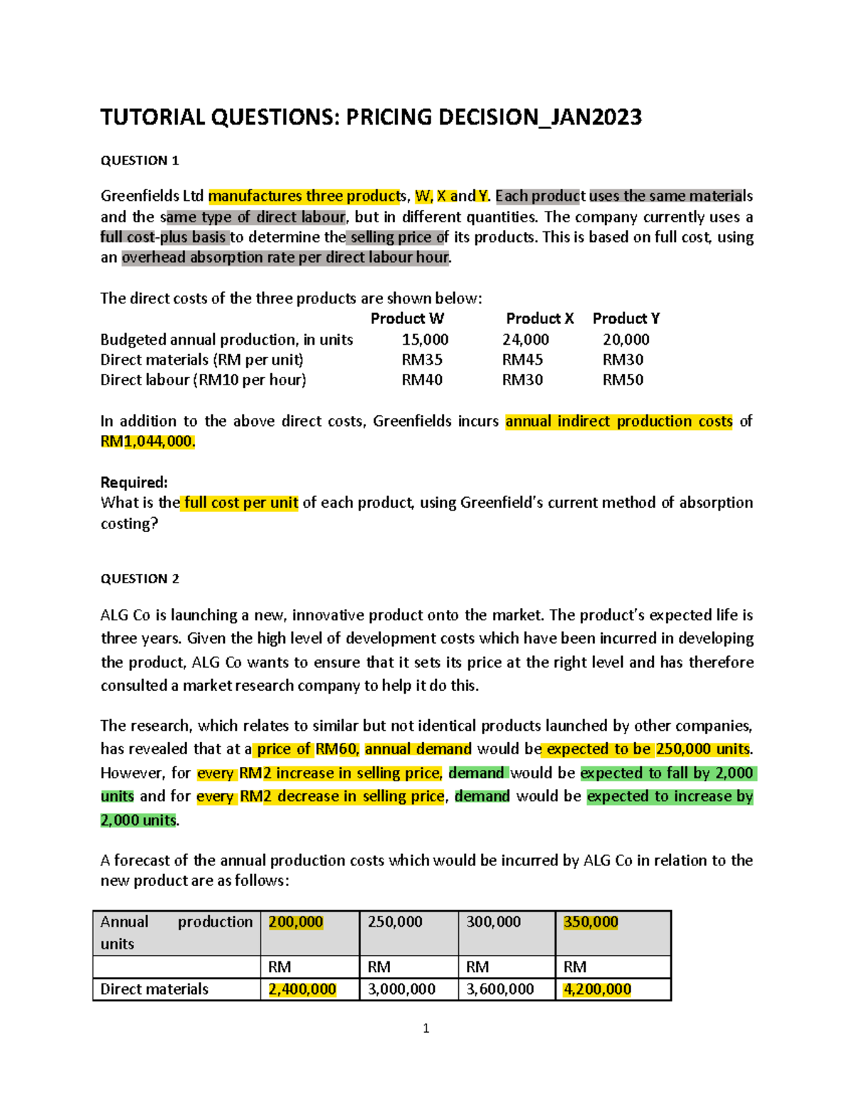 Pricing Decision Tutorial Questions - January 2023 Analysis - Studocu