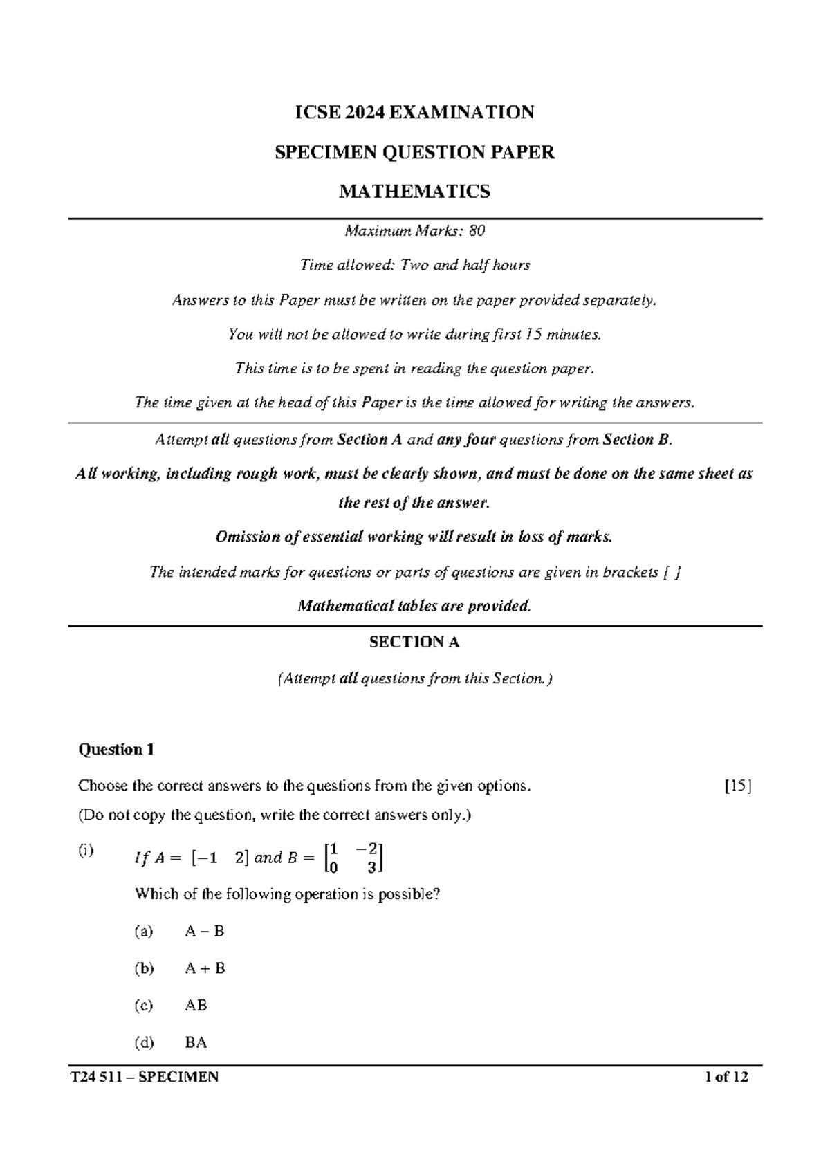 ICSE 2024 Specimen Question Paper: Mathematics T24 511 - Studocu
