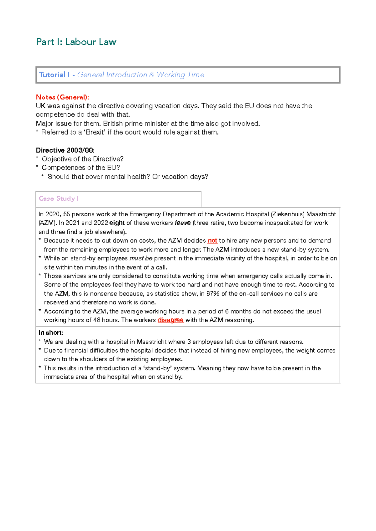 T1 Labour Law - Tutorial Cases and Notes on Working Time Directive ...