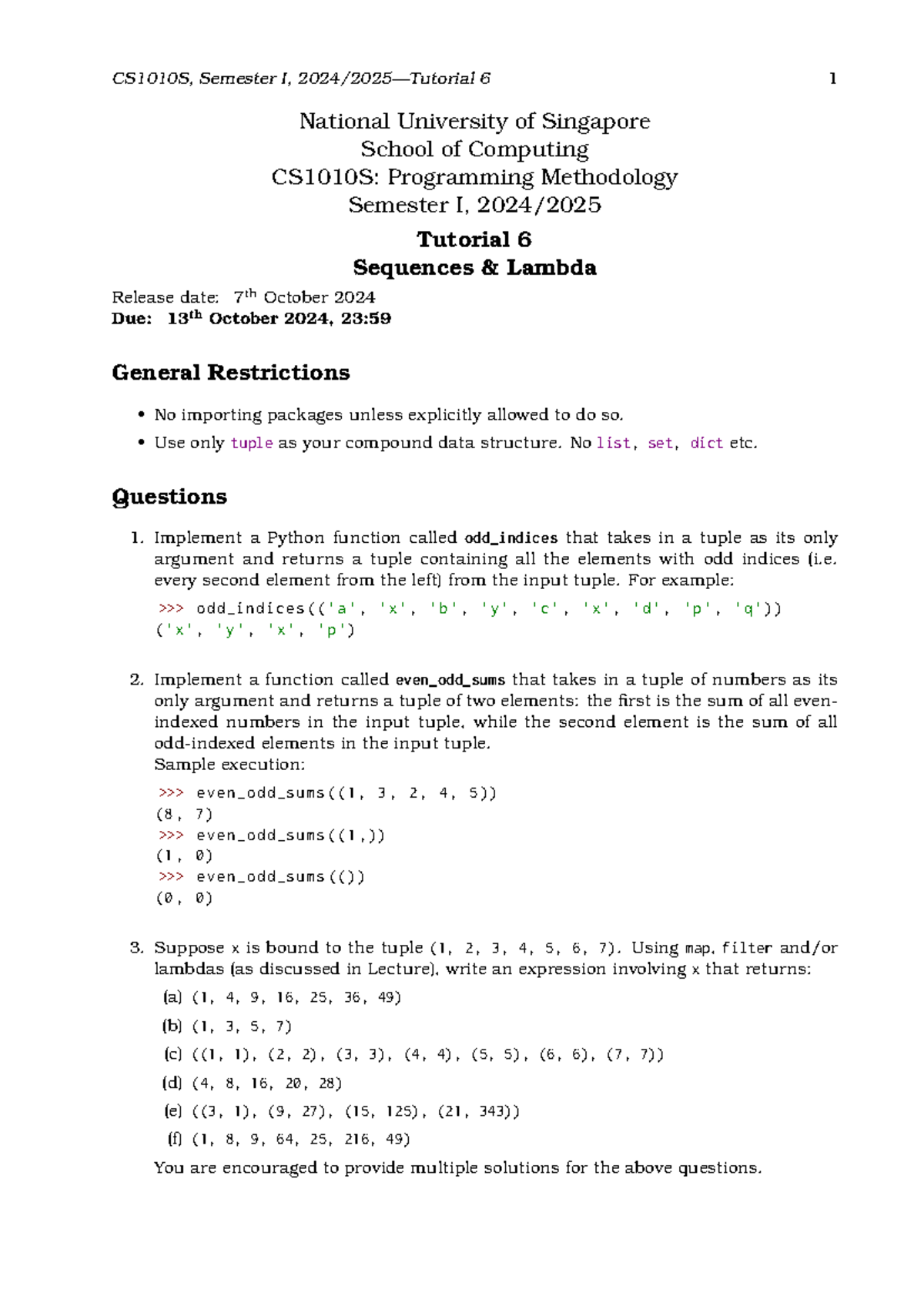 Tut06 - cs1010s tutorial 6 - CS1010S, Semester I, 2024/2025—Tutorial 6 ...