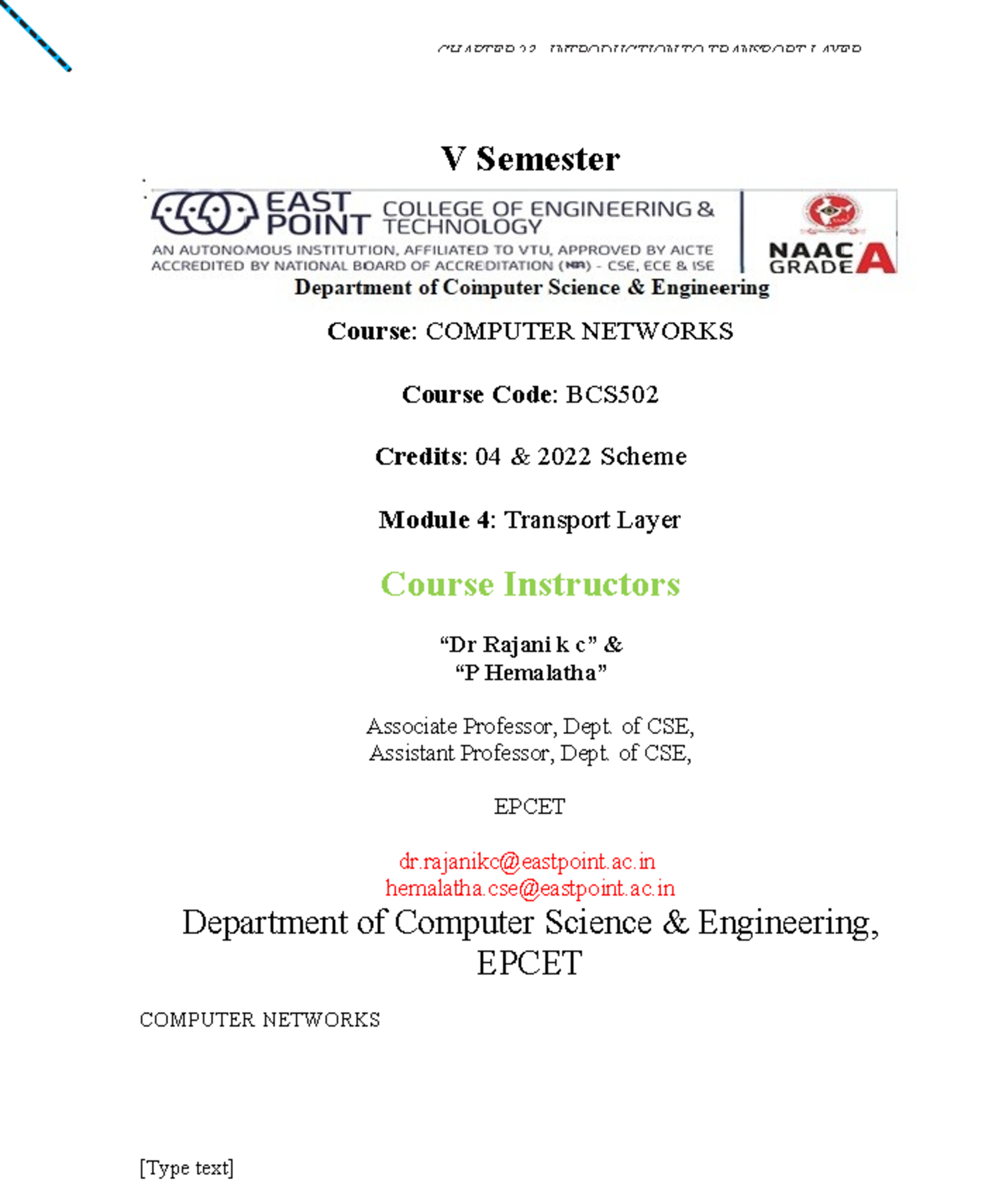 CHAPTER 23: INTRODUCTION TO TRANSPORT LAYER - BCS502 Module 4 Notes ...