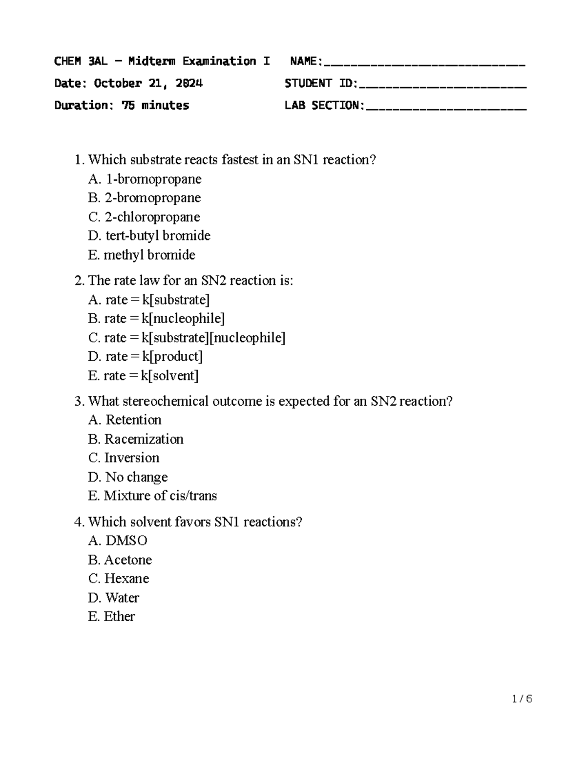 CHEM 3AL Midterm Exam I F24: Past Questions & Answers - Studocu