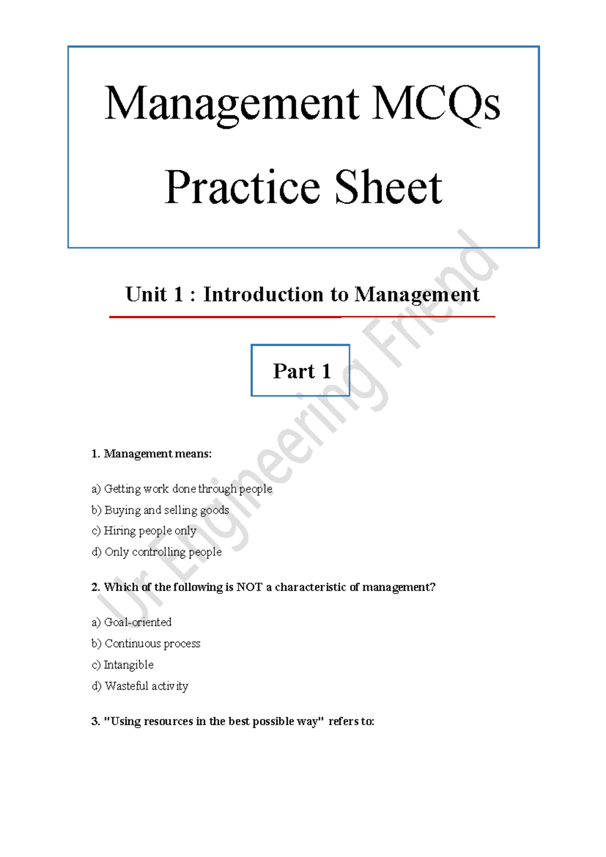 MGT 101 Unit 1 MCQs Practice Sheet: Introduction to Management - Studocu